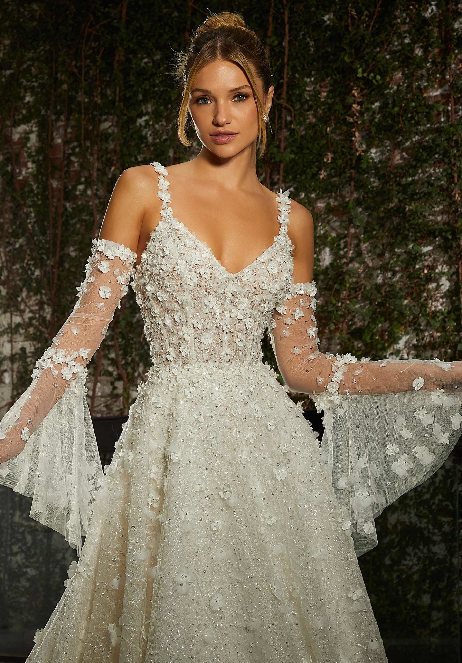 Bell Sleeves with Three-Dimensional Floral Appliqués