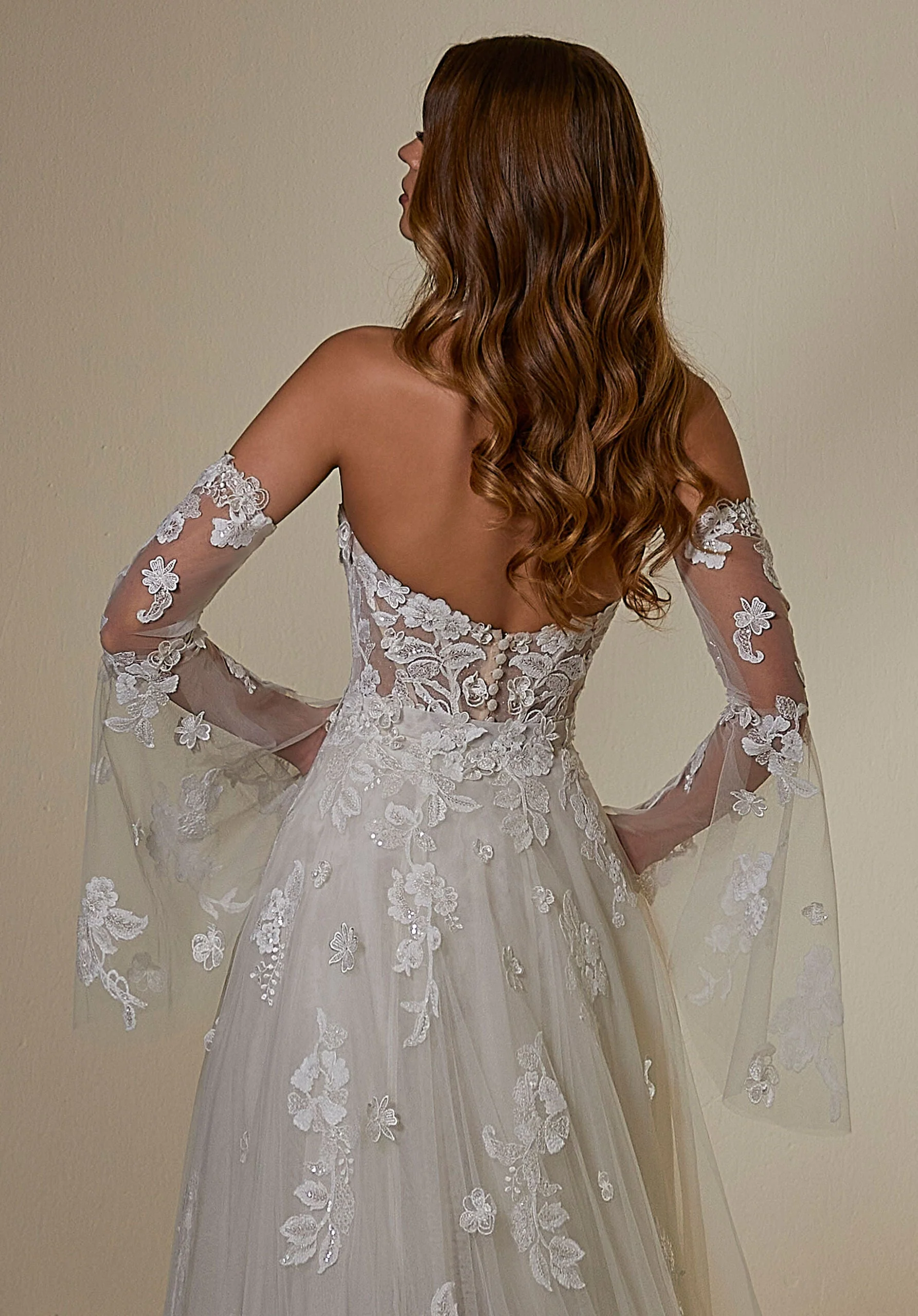 Bell Sleeves with Three-Dimensional Floral Appliqués - Image 2