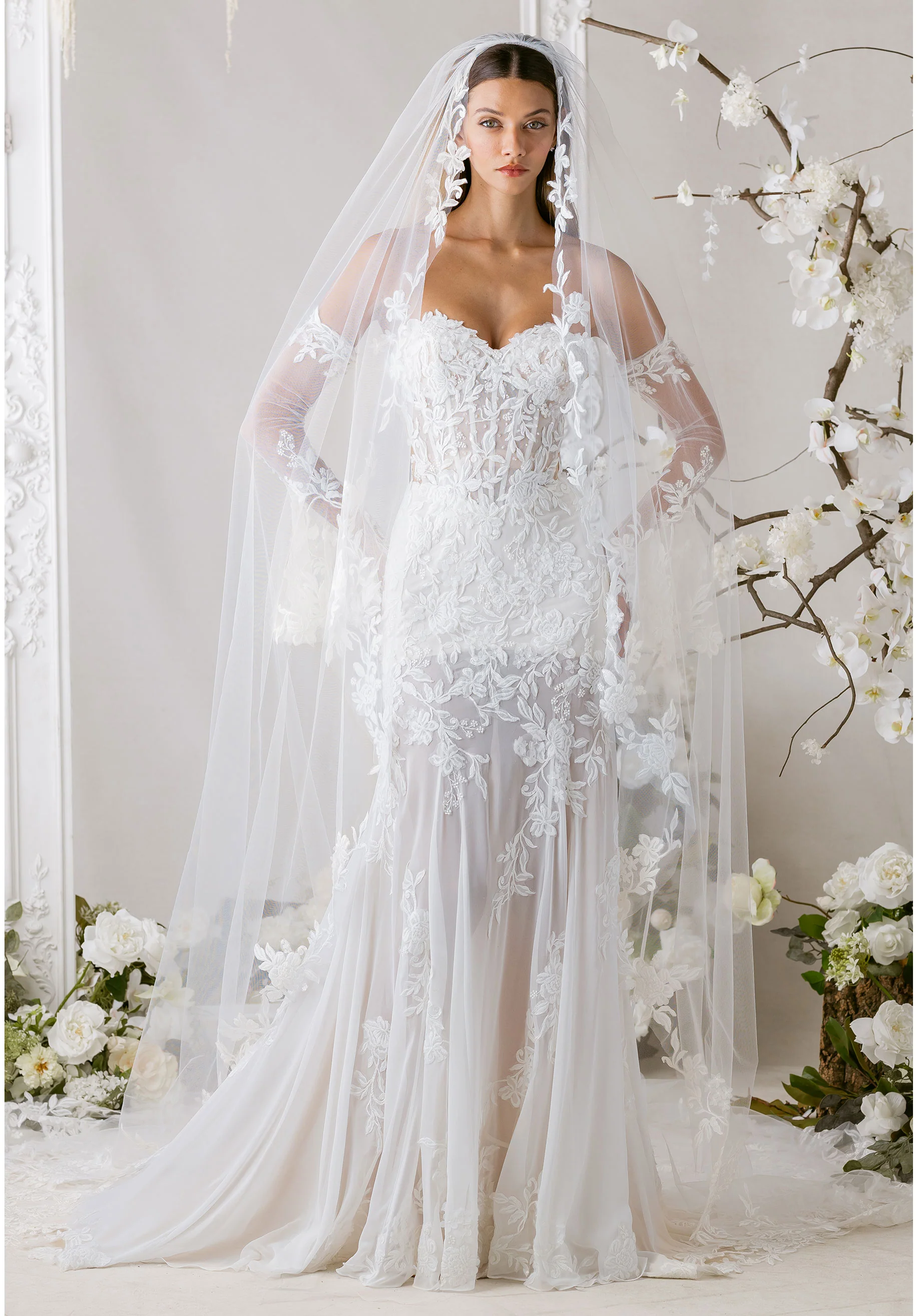Cathedral Length Veil with Floral Embroidered Trim