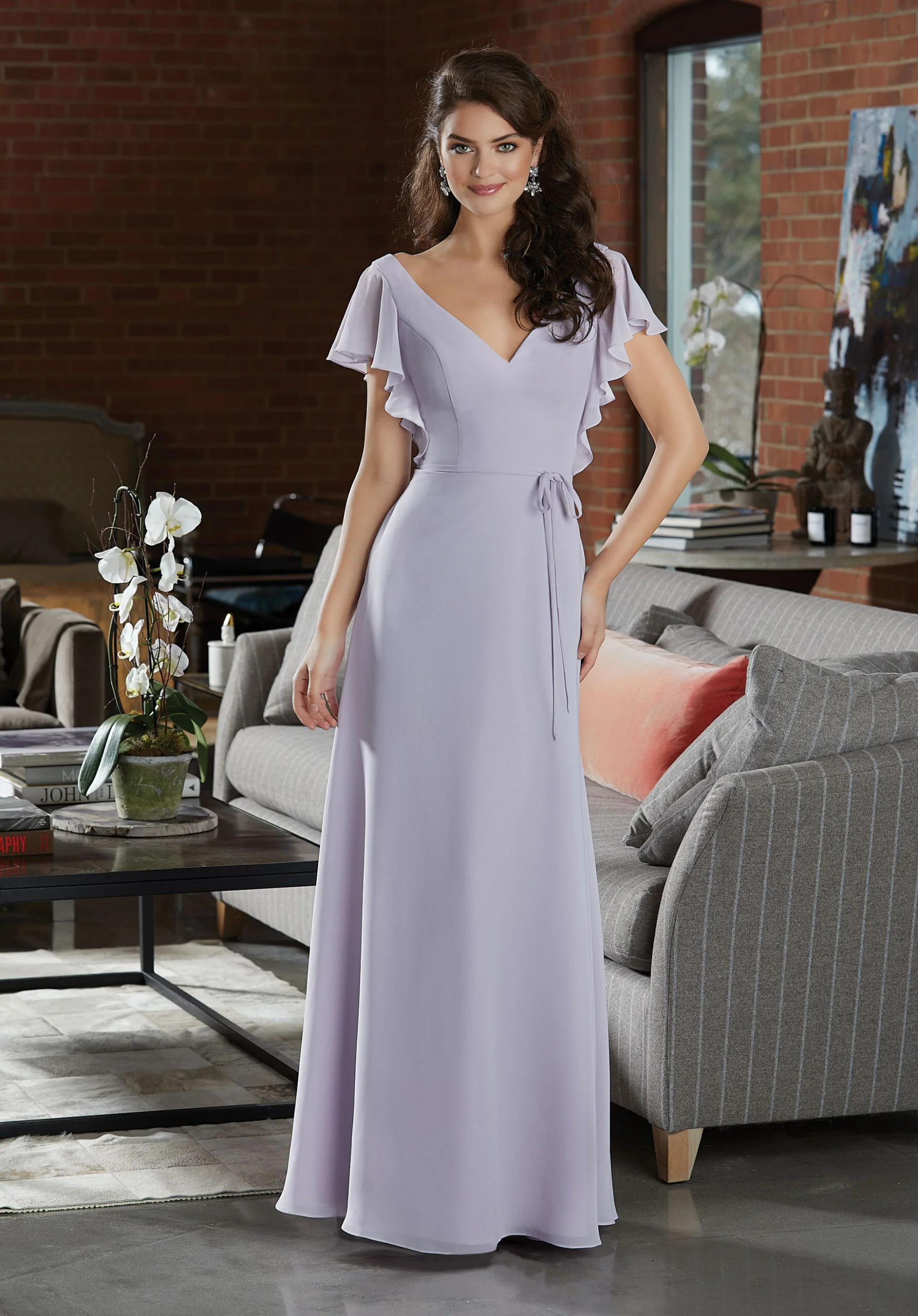 Chiffon Bridesmaid Dress with a Ruffled V-Neckline - Image 38
