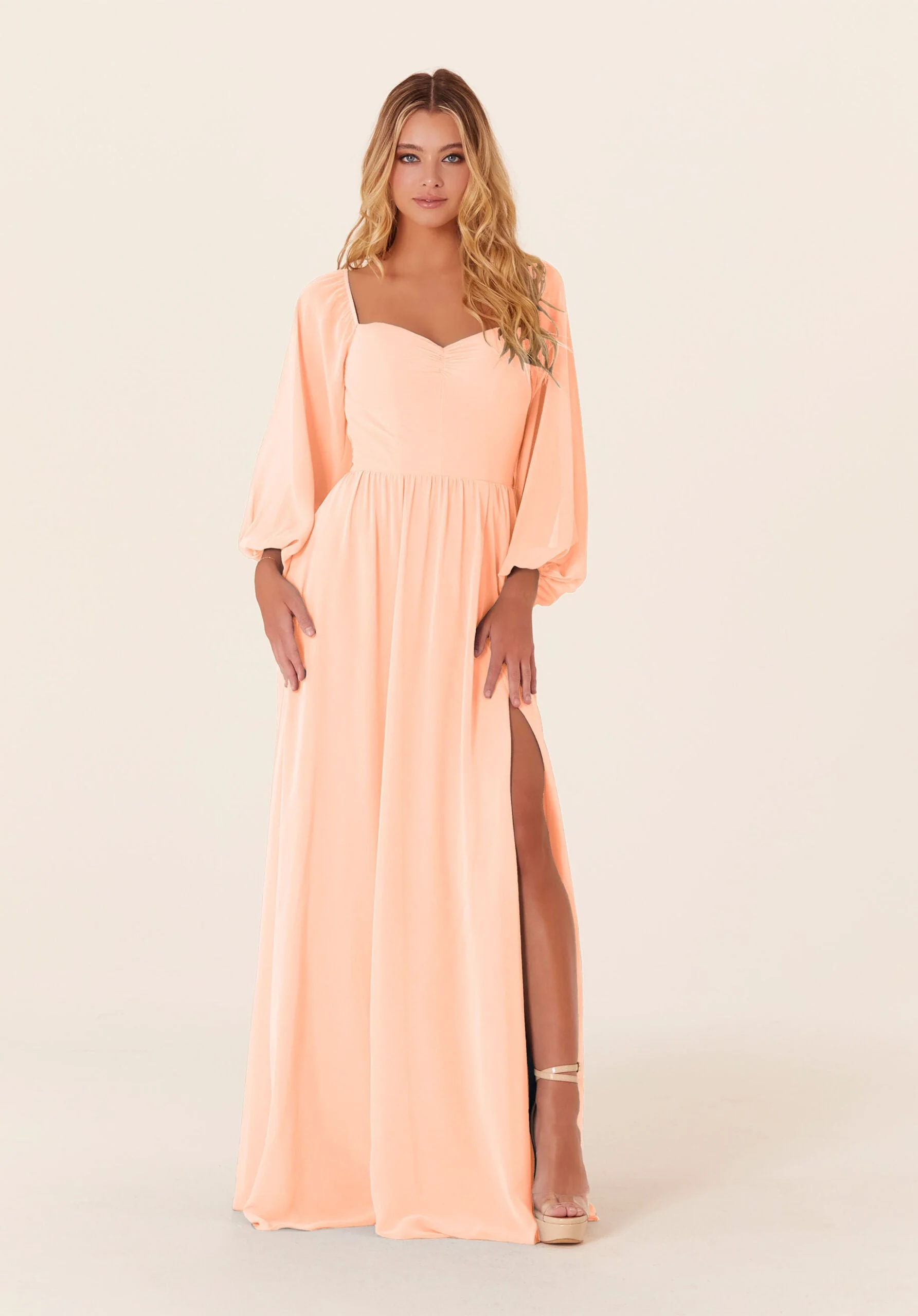 Chiffon Bridesmaid Dress with Bishop Sleeves - Image 23