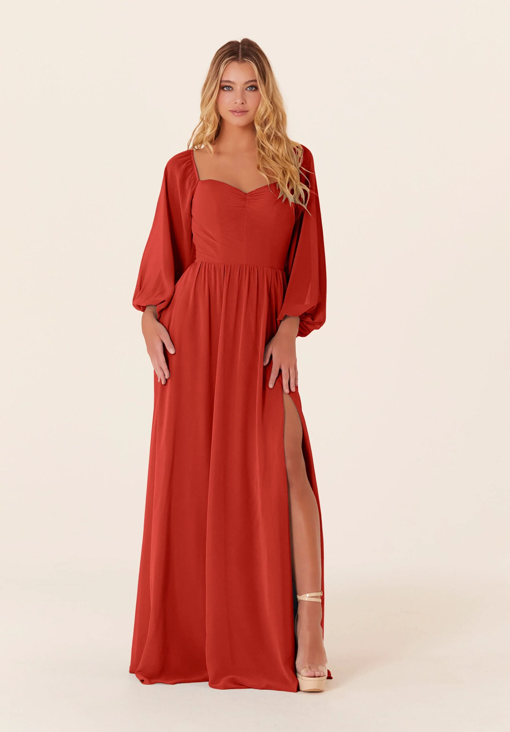 Chiffon Bridesmaid Dress with Bishop Sleeves - Image 31