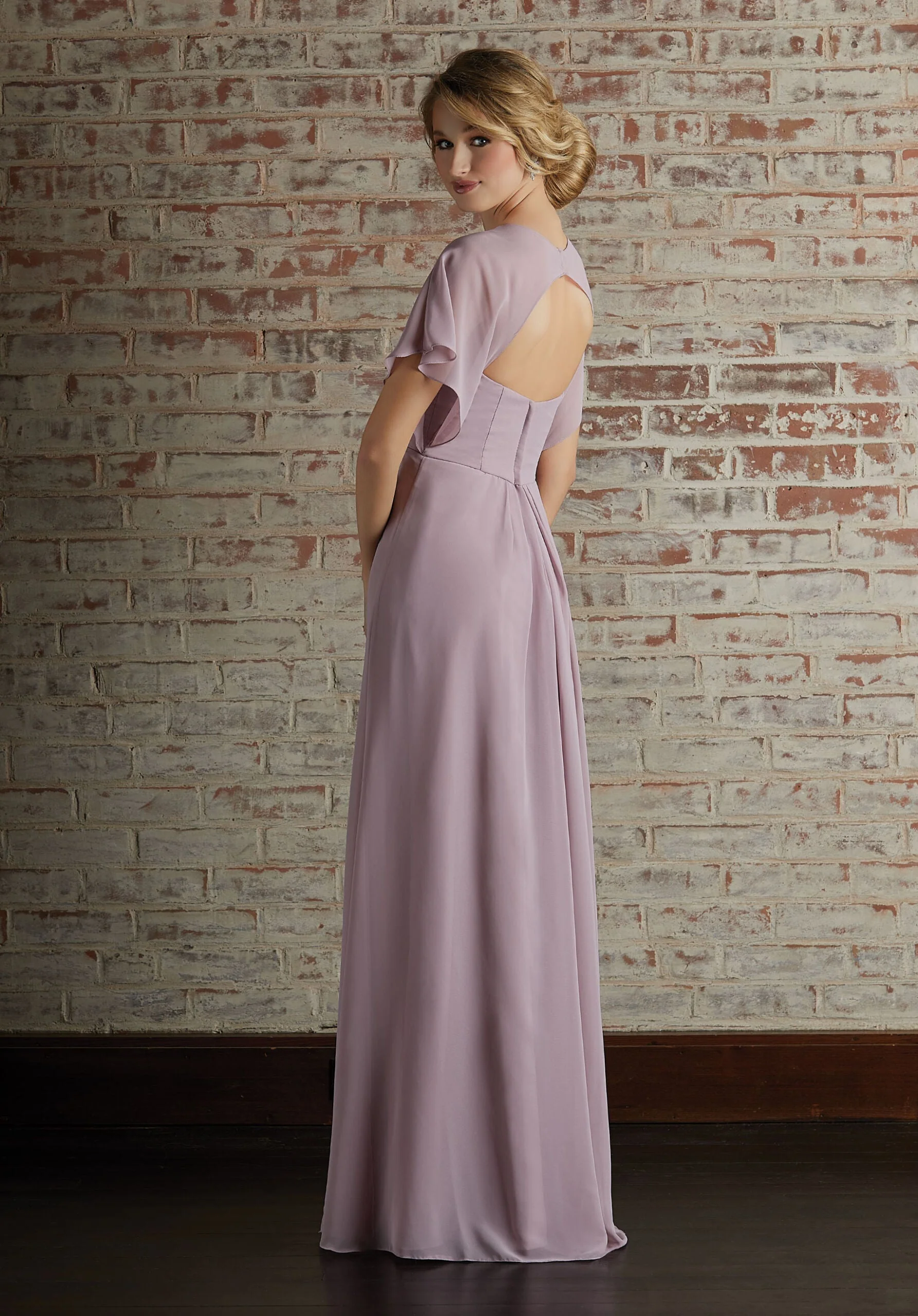 Chiffon Bridesmaid Dress with Capelet Style Sleeves and V-Neckline - Image 4