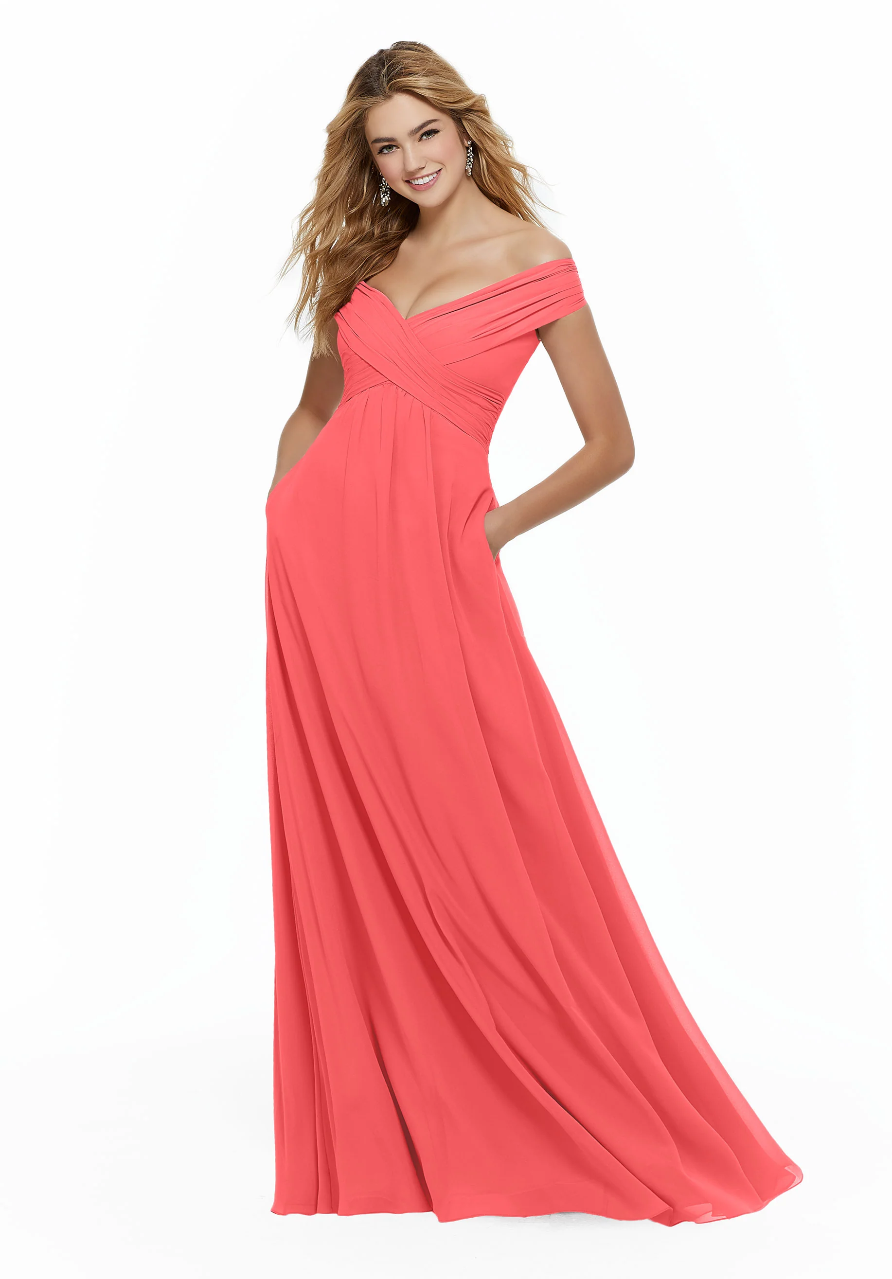 Chiffon Bridesmaid Dress with Classic Off the Shoulder Neckline - Image 11