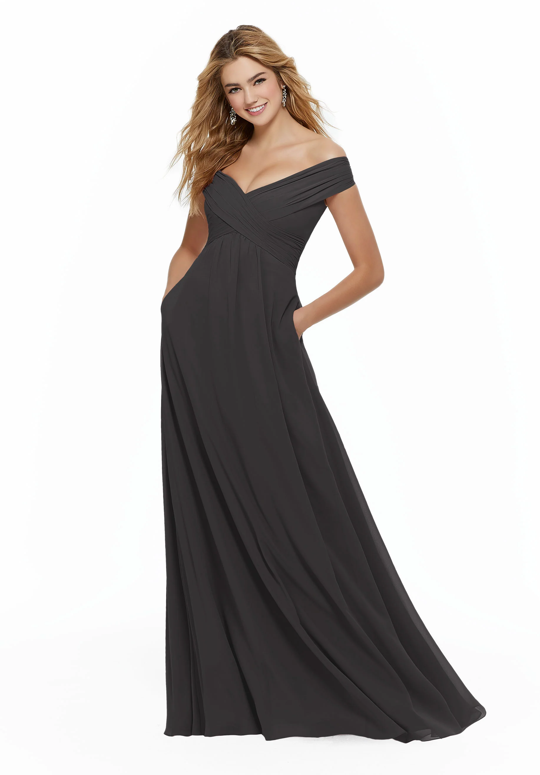 Chiffon Bridesmaid Dress with Classic Off the Shoulder Neckline - Image 13