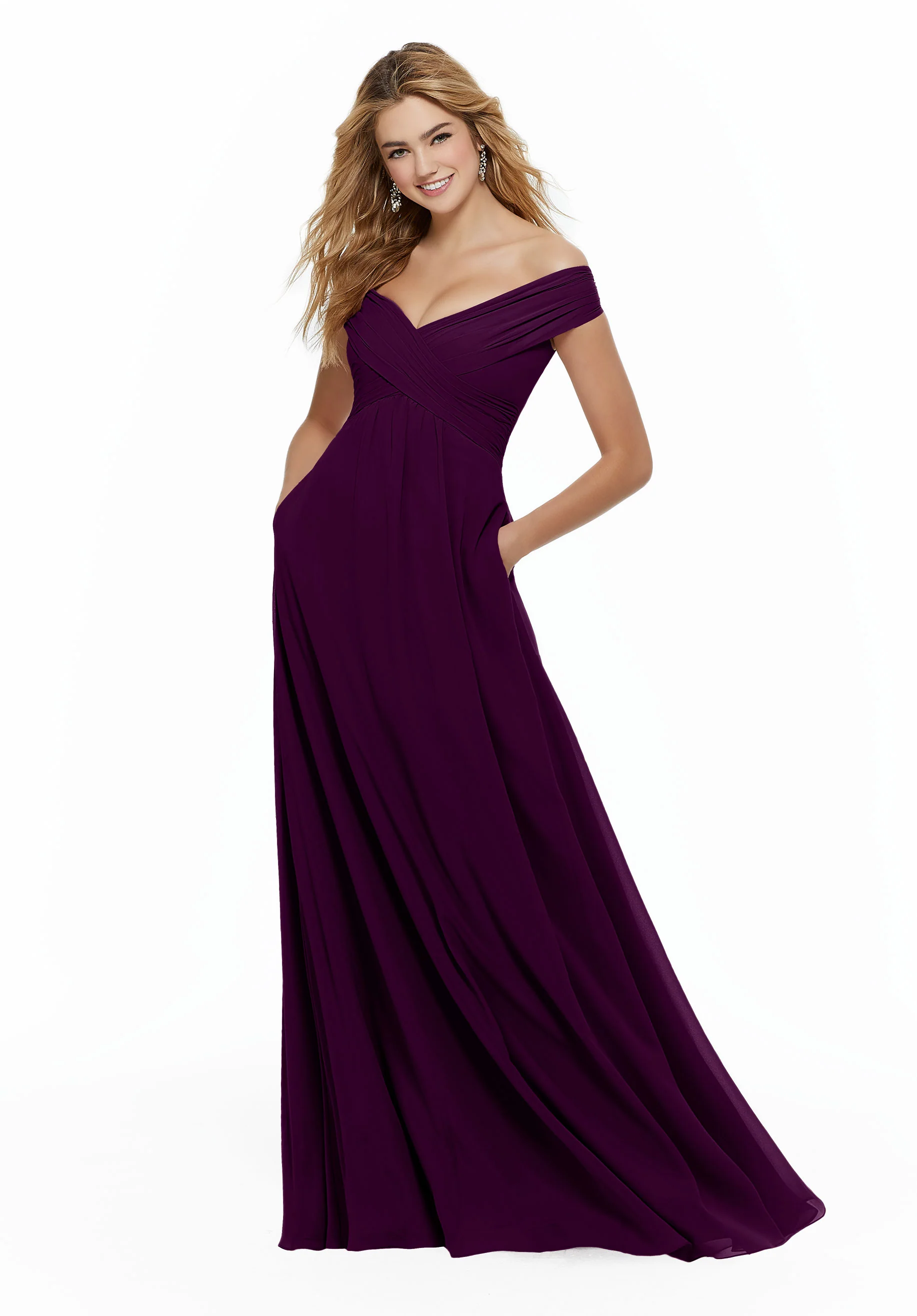 Chiffon Bridesmaid Dress with Classic Off the Shoulder Neckline - Image 20