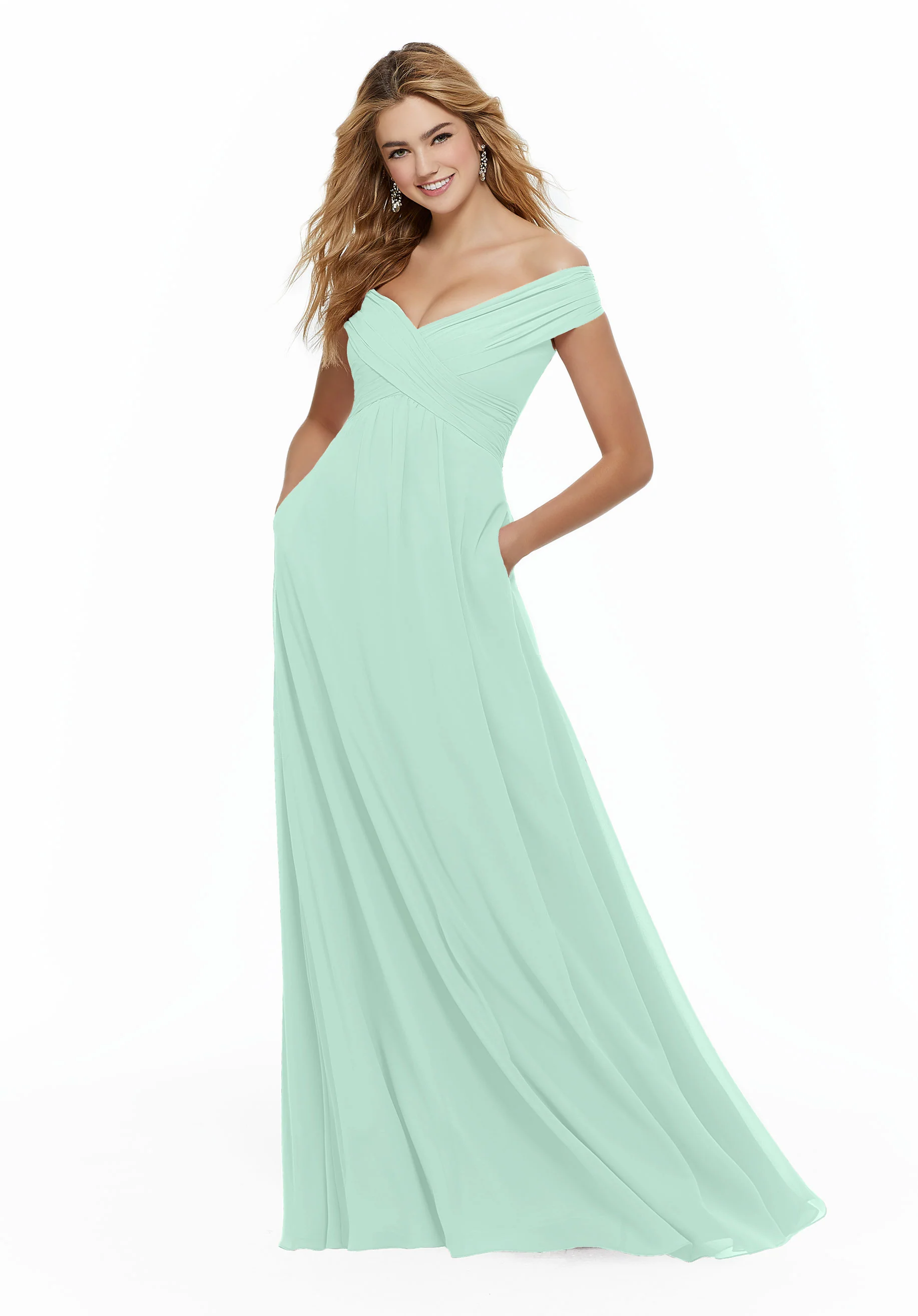 Chiffon Bridesmaid Dress with Classic Off the Shoulder Neckline - Image 27