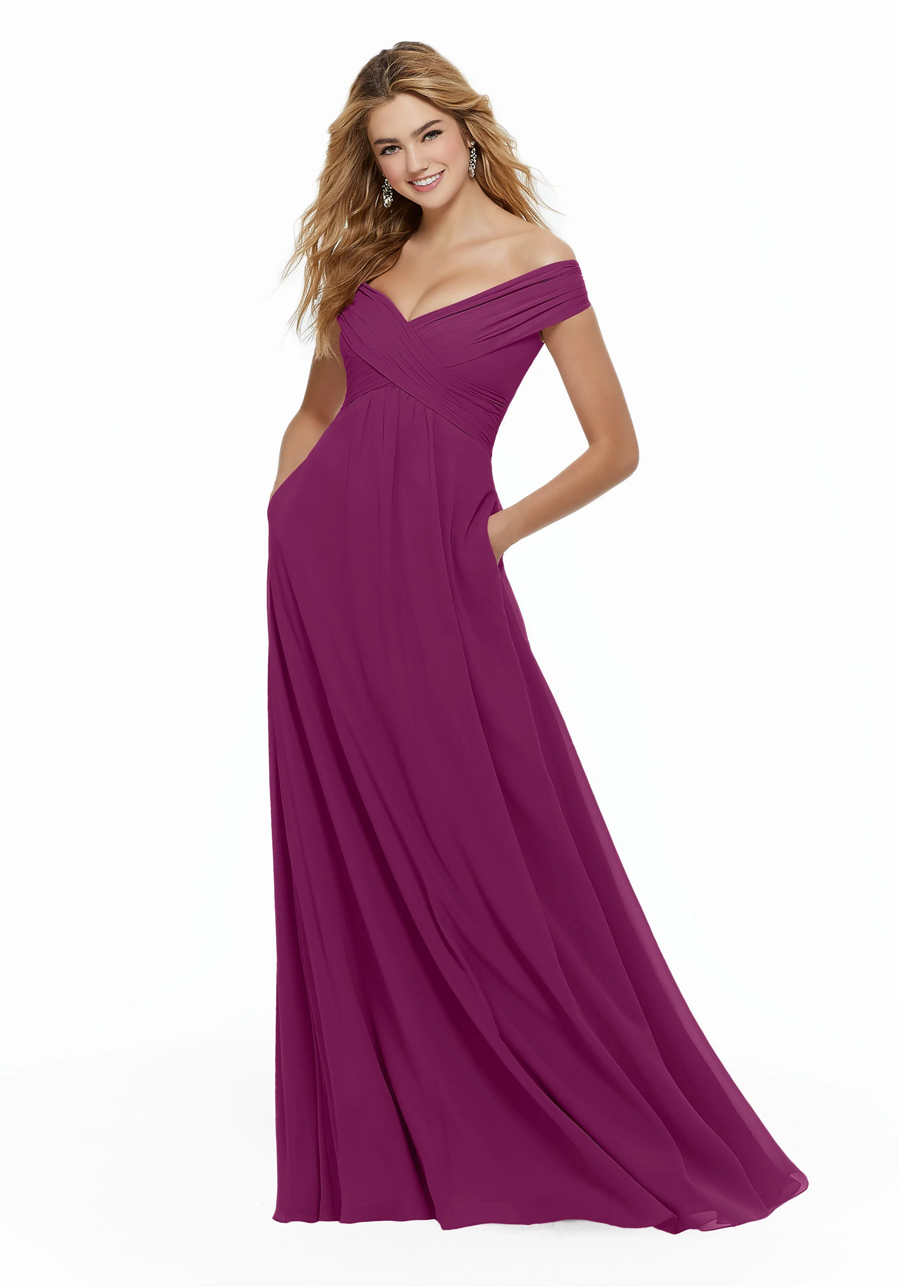 Chiffon Bridesmaid Dress with Classic Off the Shoulder Neckline - Image 28
