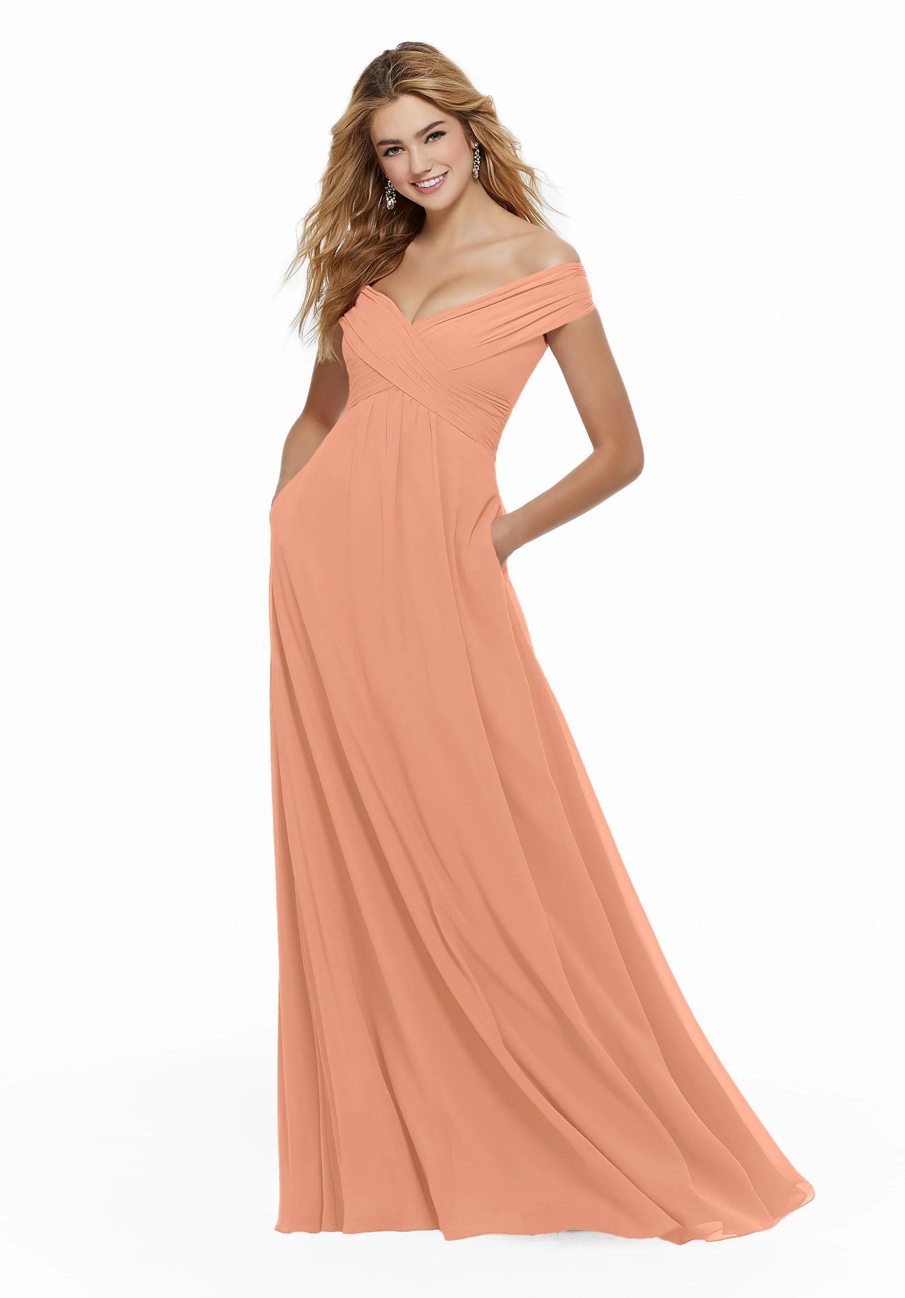 Chiffon Bridesmaid Dress with Classic Off the Shoulder Neckline - Image 30