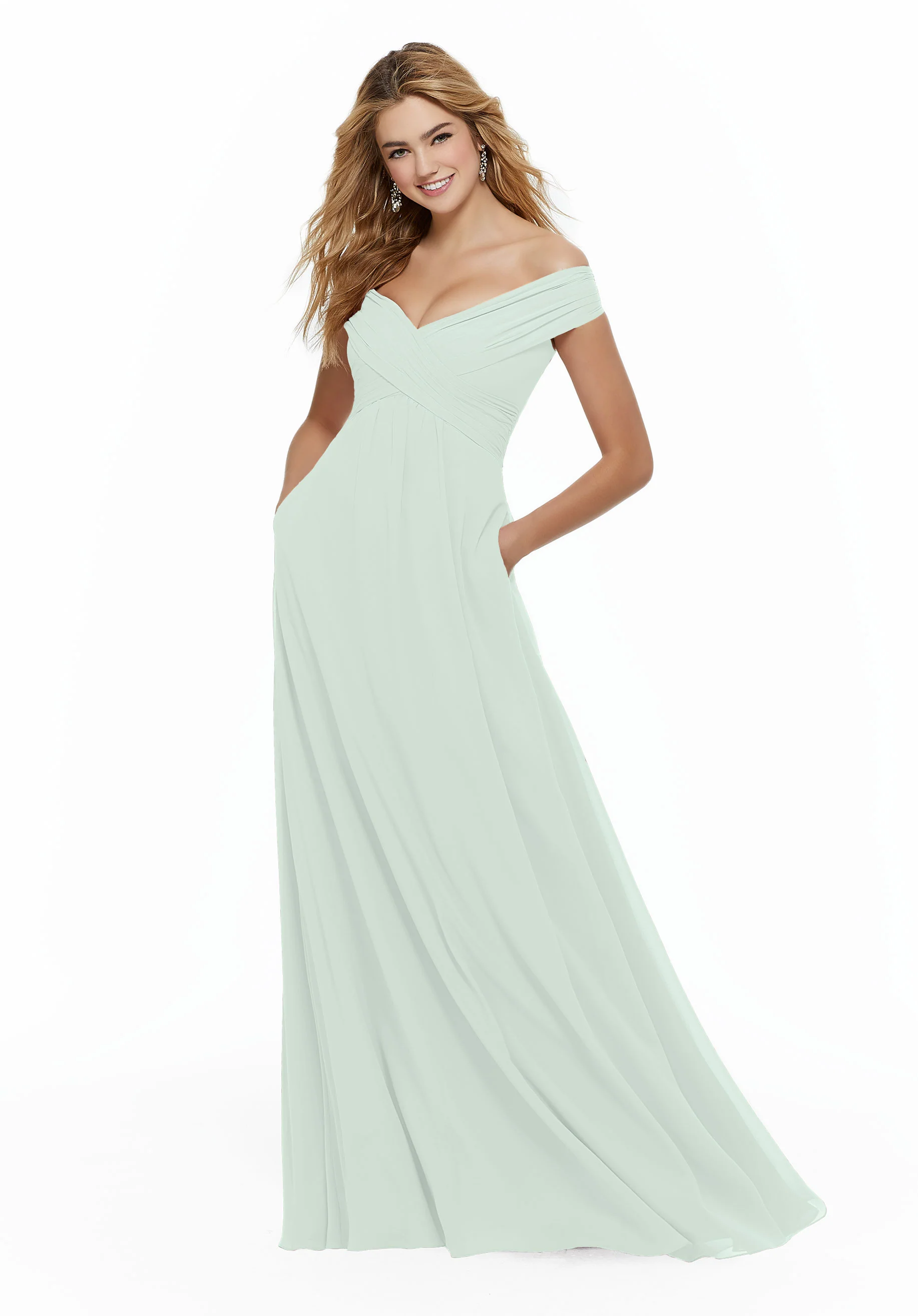 Chiffon Bridesmaid Dress with Classic Off the Shoulder Neckline - Image 36