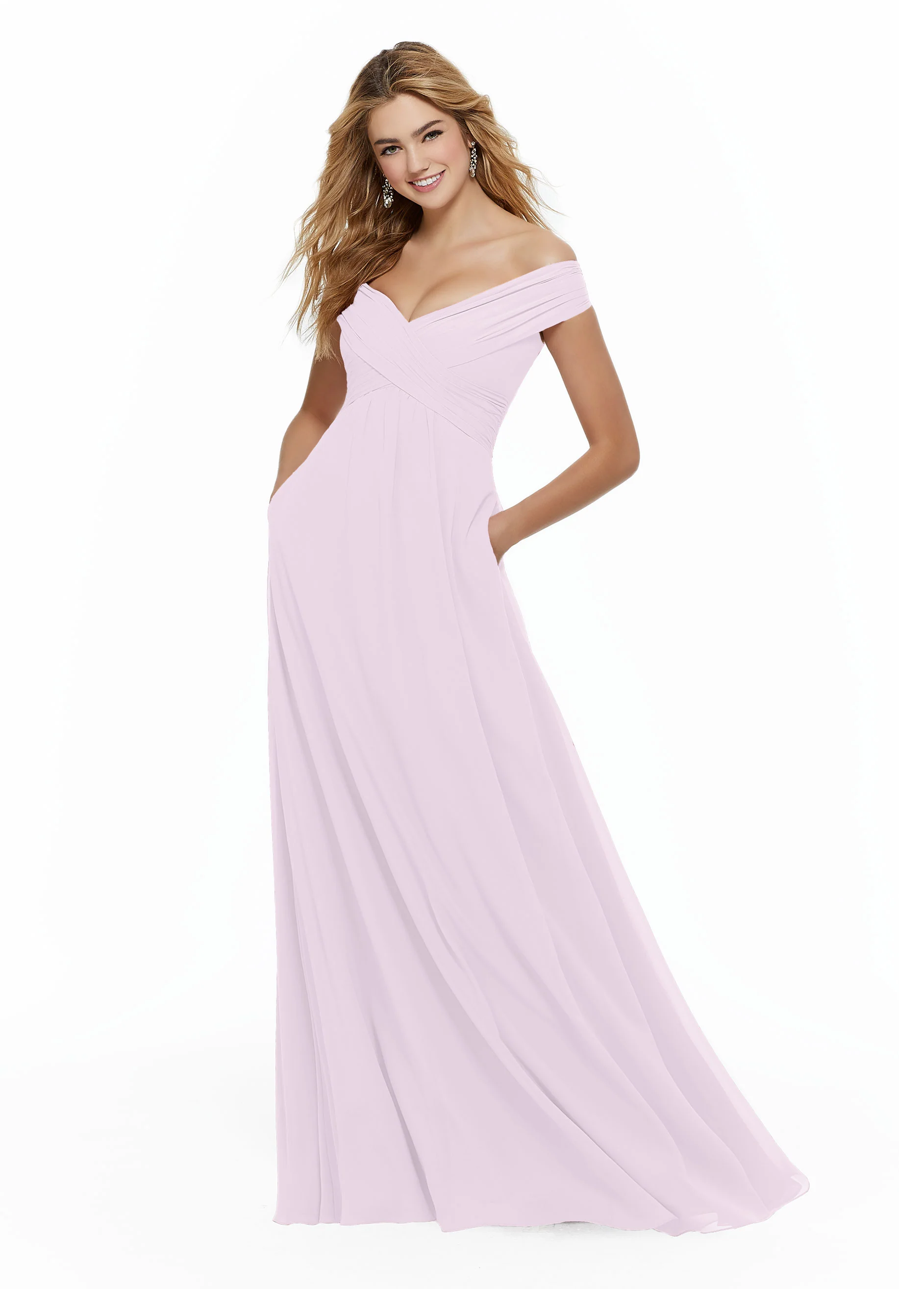 Chiffon Bridesmaid Dress with Classic Off the Shoulder Neckline - Image 42