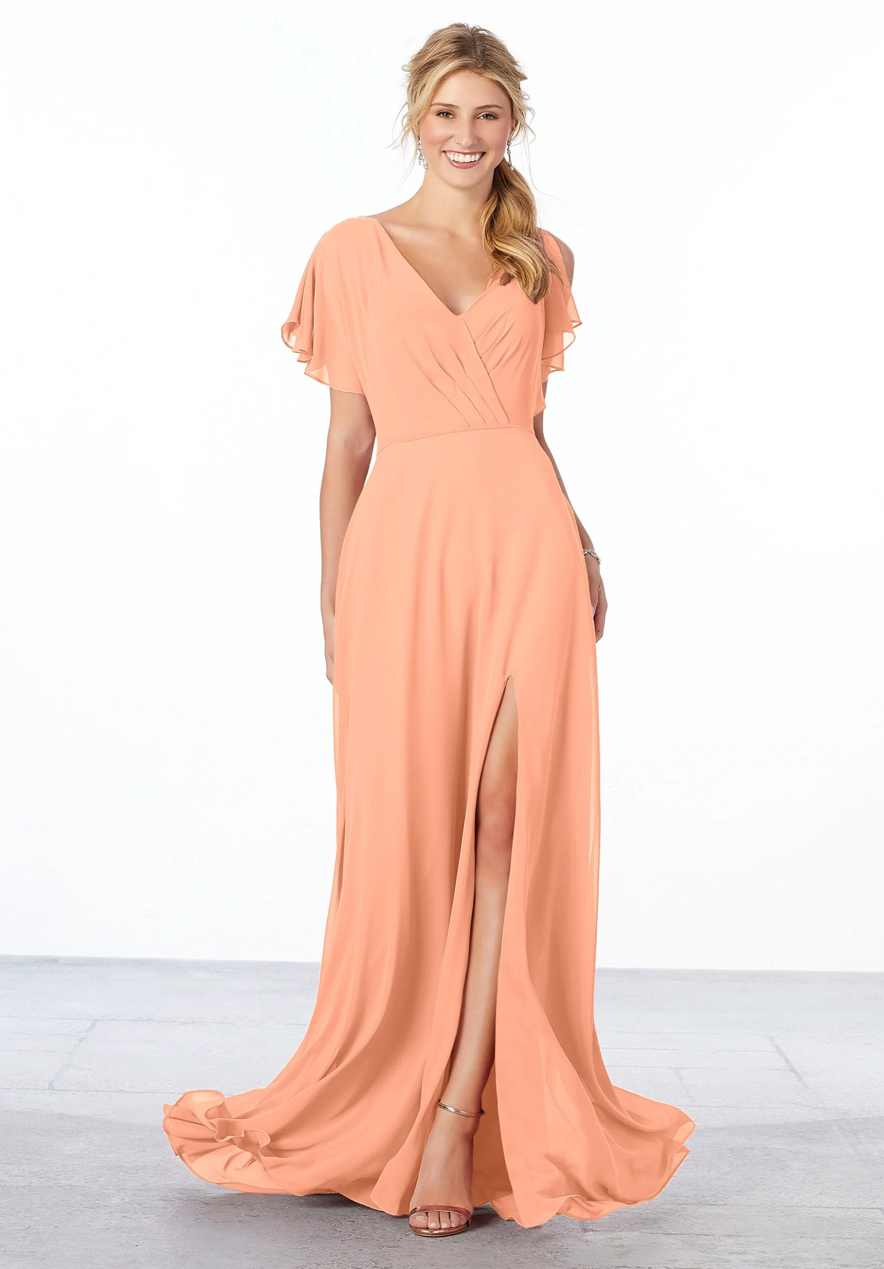 Chiffon Bridesmaid Dress with Flutter Sleeve and Front Slit - Image 15
