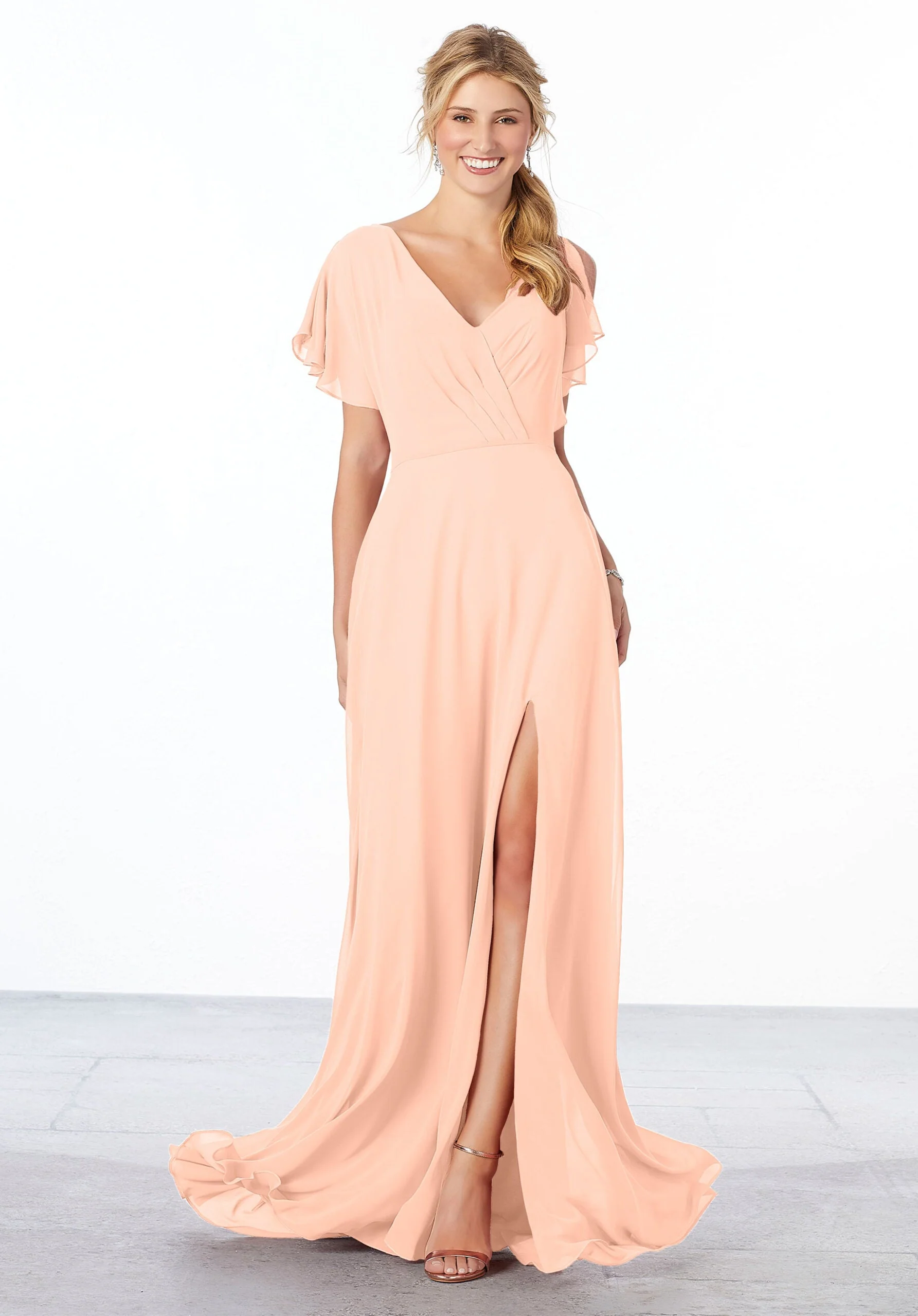 Chiffon Bridesmaid Dress with Flutter Sleeve and Front Slit - Image 38