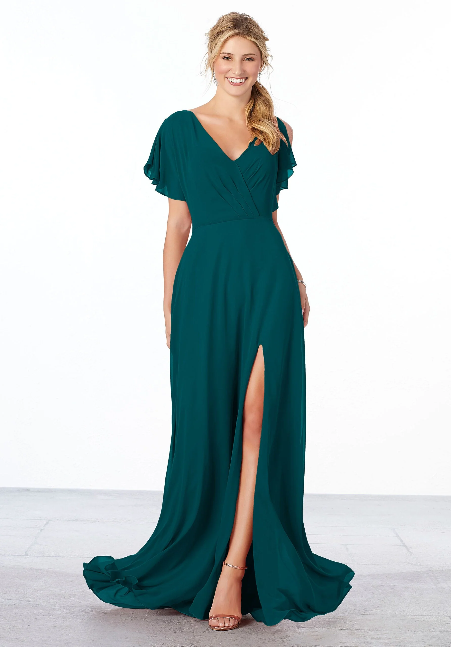 Chiffon Bridesmaid Dress with Flutter Sleeve and Front Slit - Image 5
