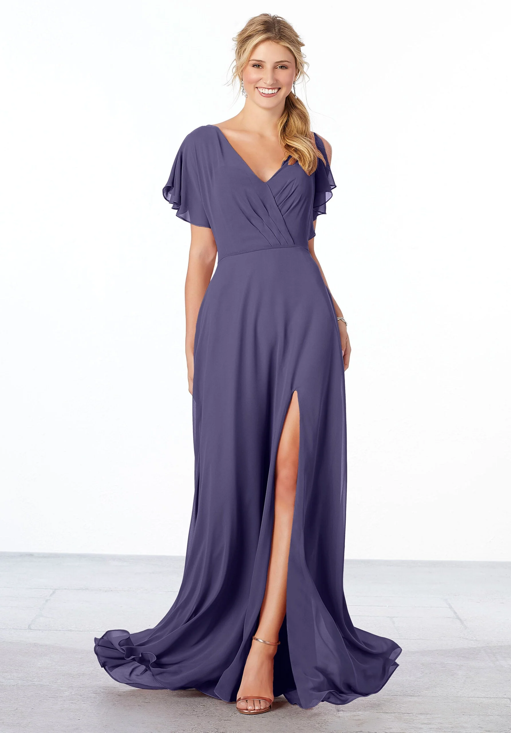 Chiffon Bridesmaid Dress with Flutter Sleeve and Front Slit - Image 6