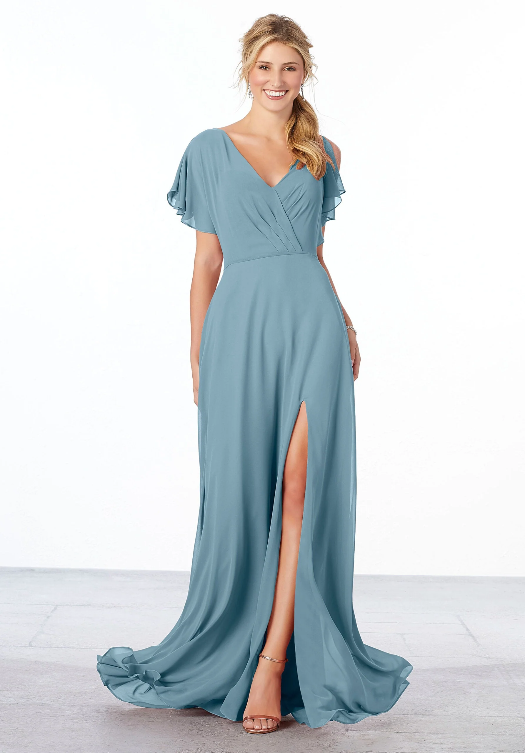 Chiffon Bridesmaid Dress with Flutter Sleeve and Front Slit - Image 8