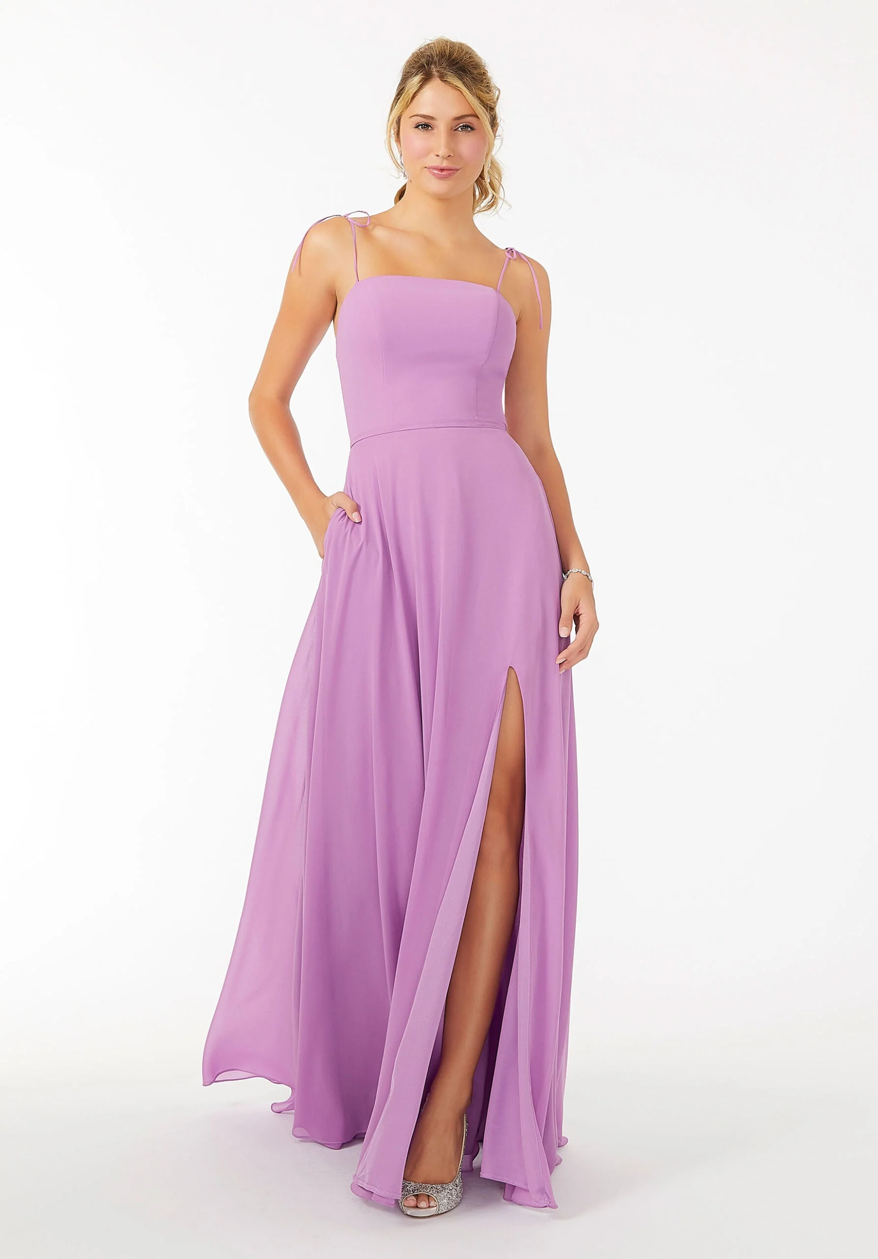 Chiffon Bridesmaid Dress with Front Slit and Keyhole Back - Image 3