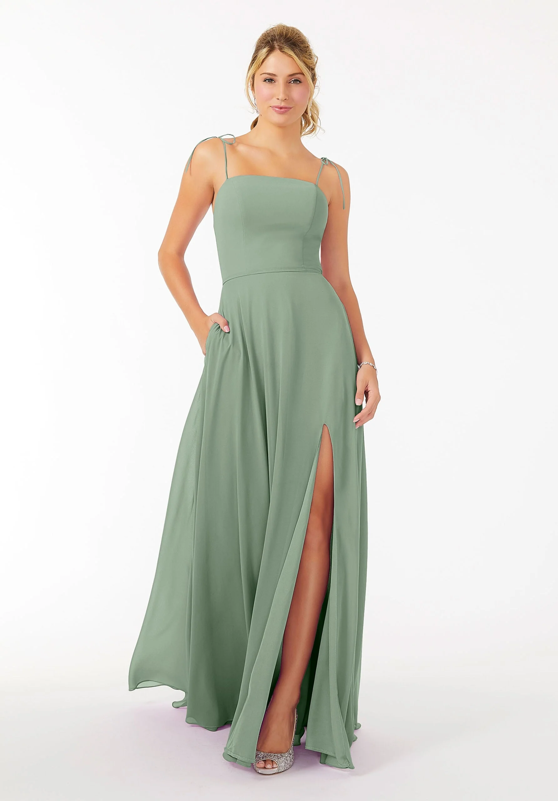 Chiffon Bridesmaid Dress with Front Slit and Keyhole Back - Image 32