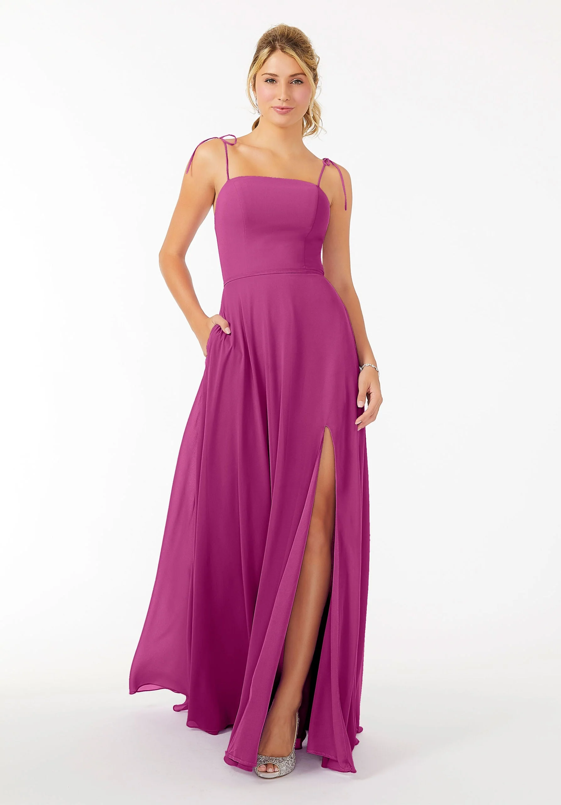 Chiffon Bridesmaid Dress with Front Slit and Keyhole Back - Image 33