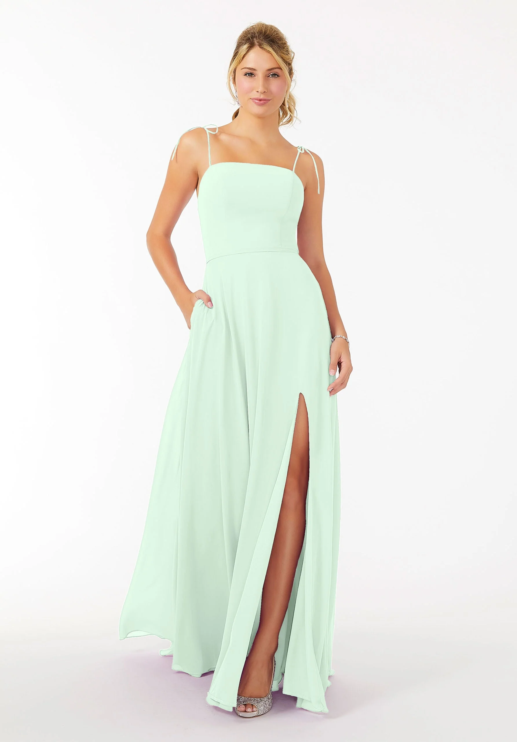 Chiffon Bridesmaid Dress with Front Slit and Keyhole Back - Image 41