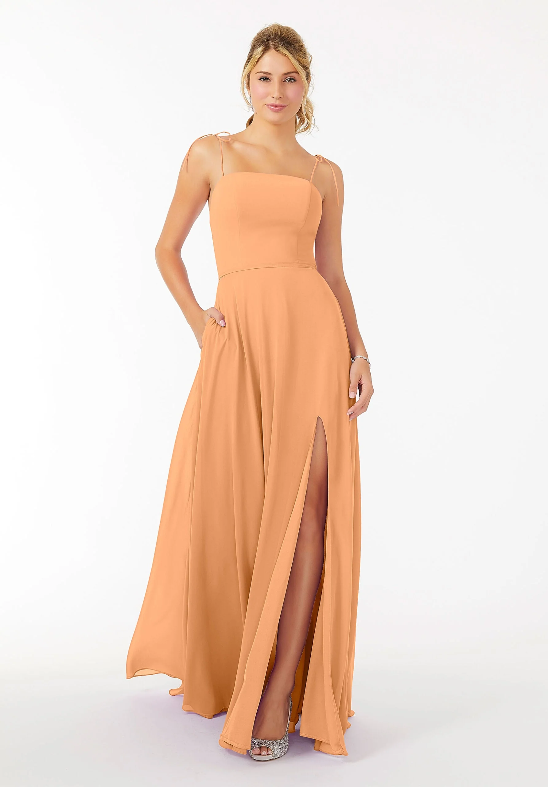 Chiffon Bridesmaid Dress with Front Slit and Keyhole Back - Image 44