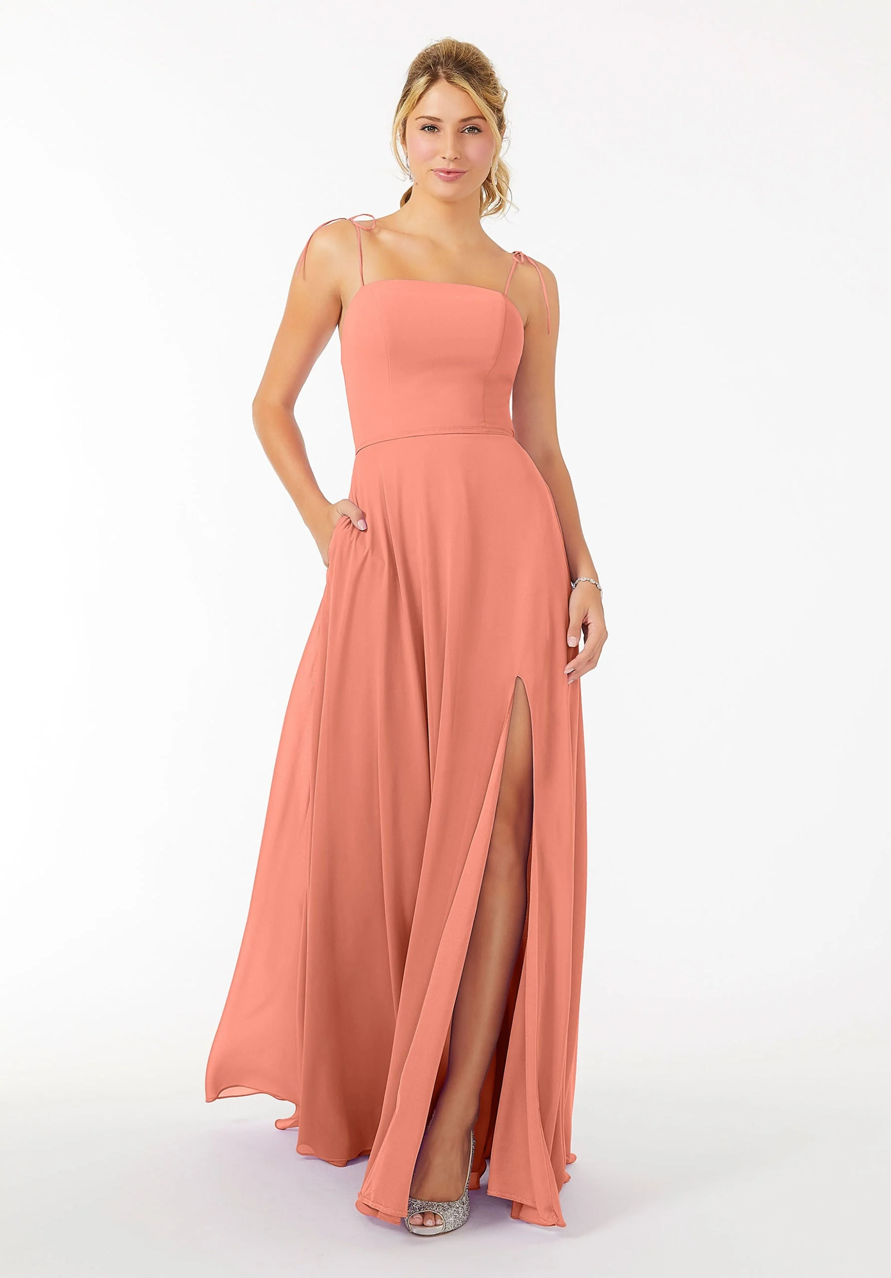 Chiffon Bridesmaid Dress with Front Slit and Keyhole Back - Image 45
