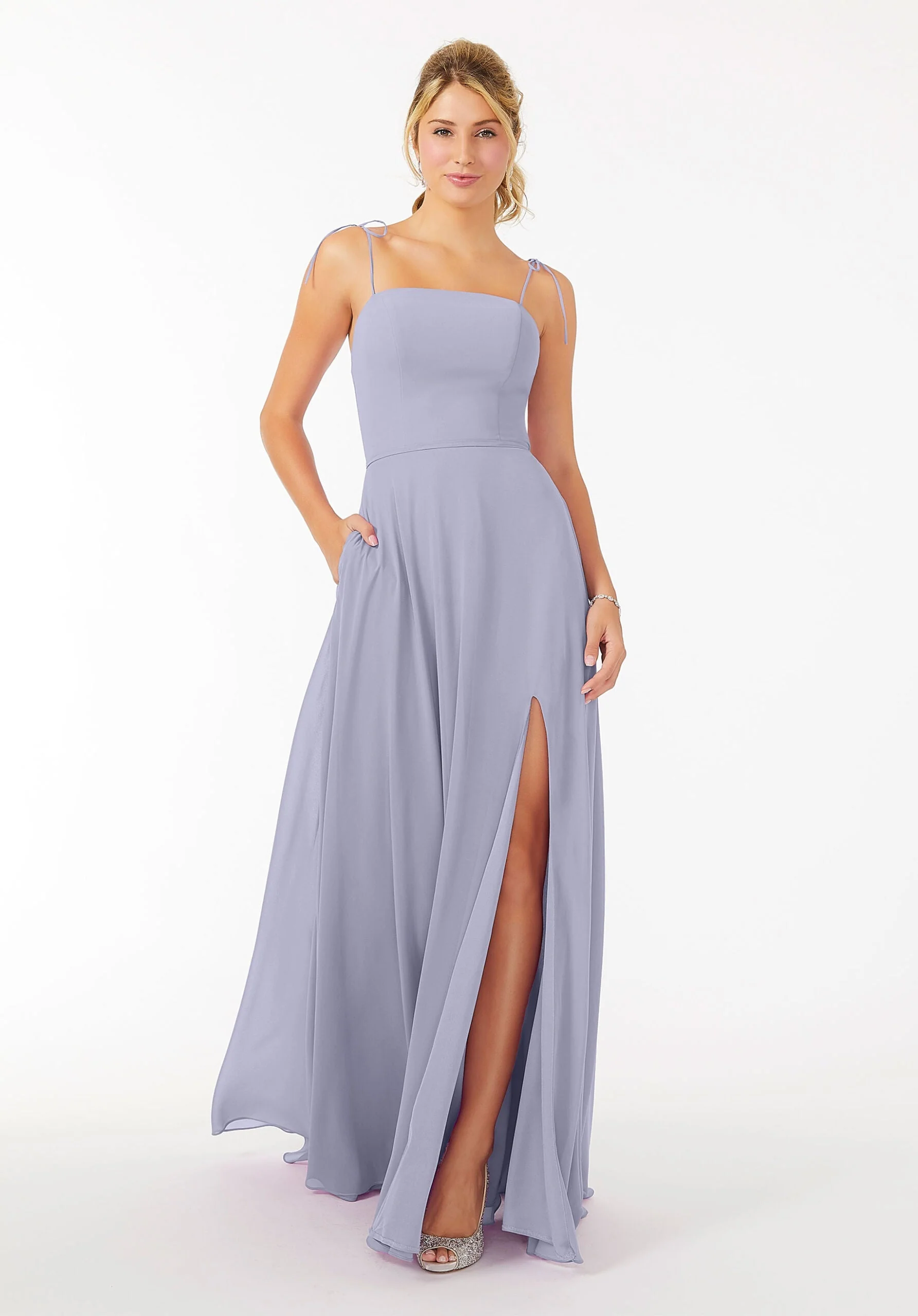 Chiffon Bridesmaid Dress with Front Slit and Keyhole Back - Image 48
