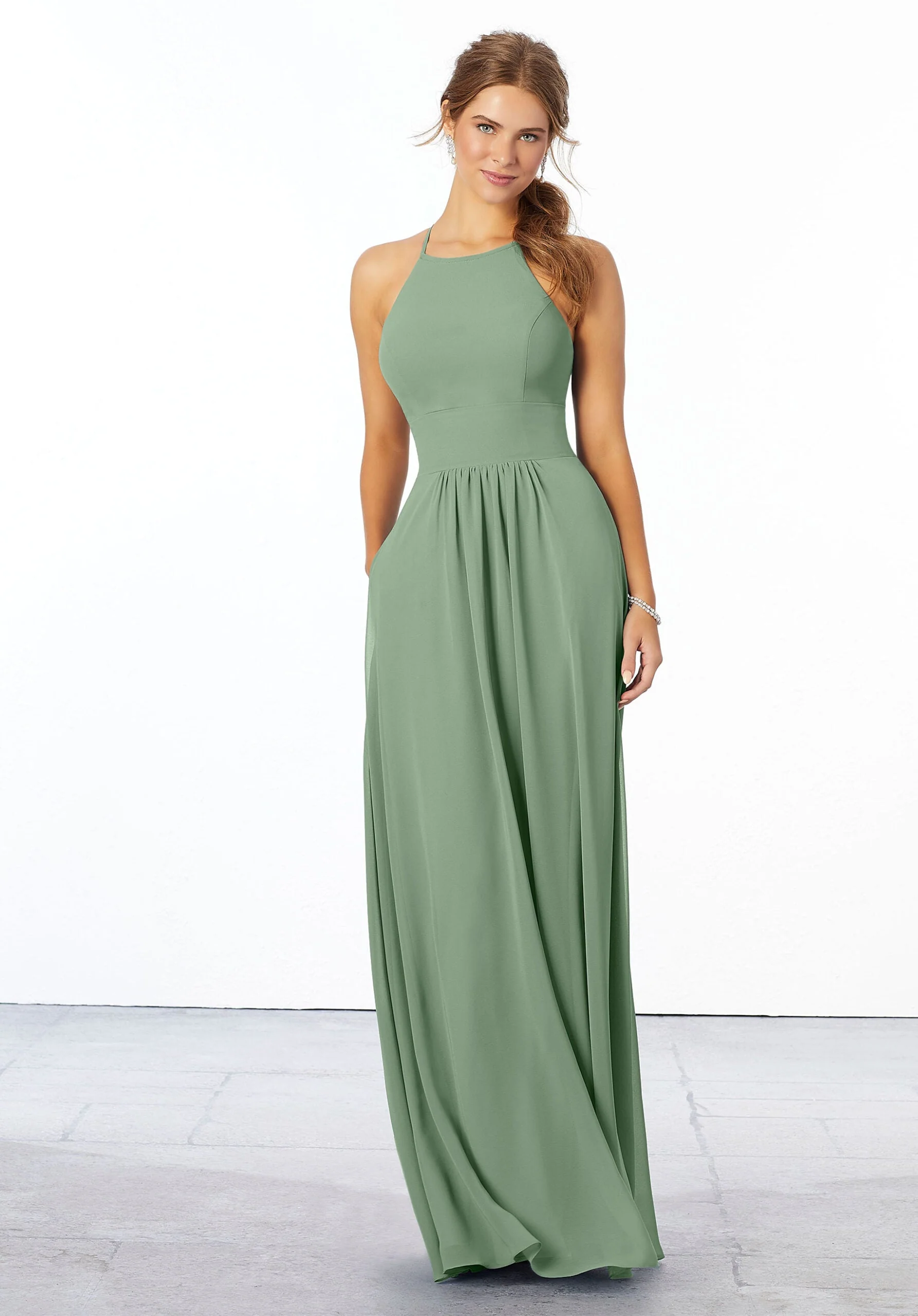 Chiffon Bridesmaid Dress with High Halter Neckline - Image 19