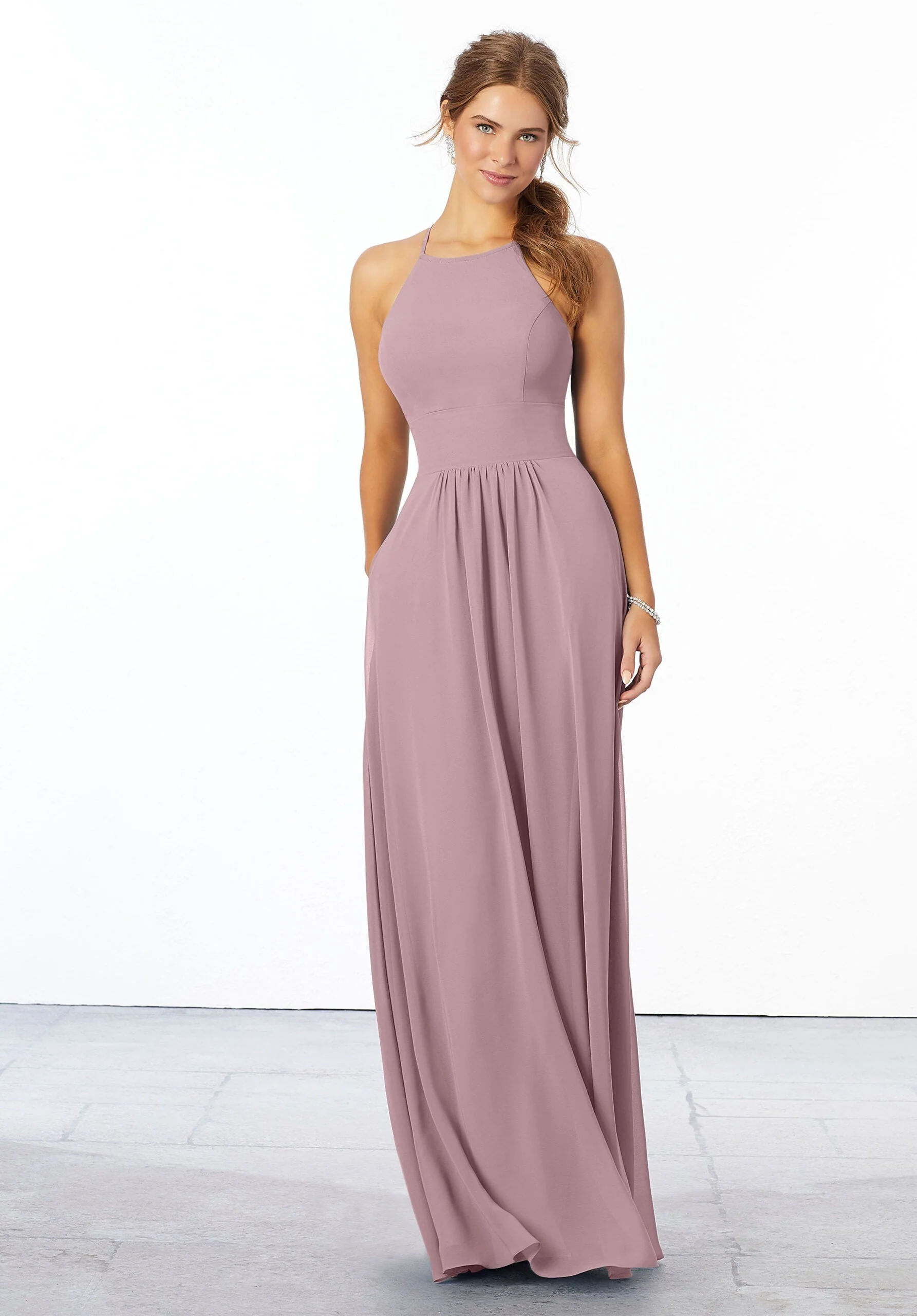 Chiffon Bridesmaid Dress with High Halter Neckline - Image 23