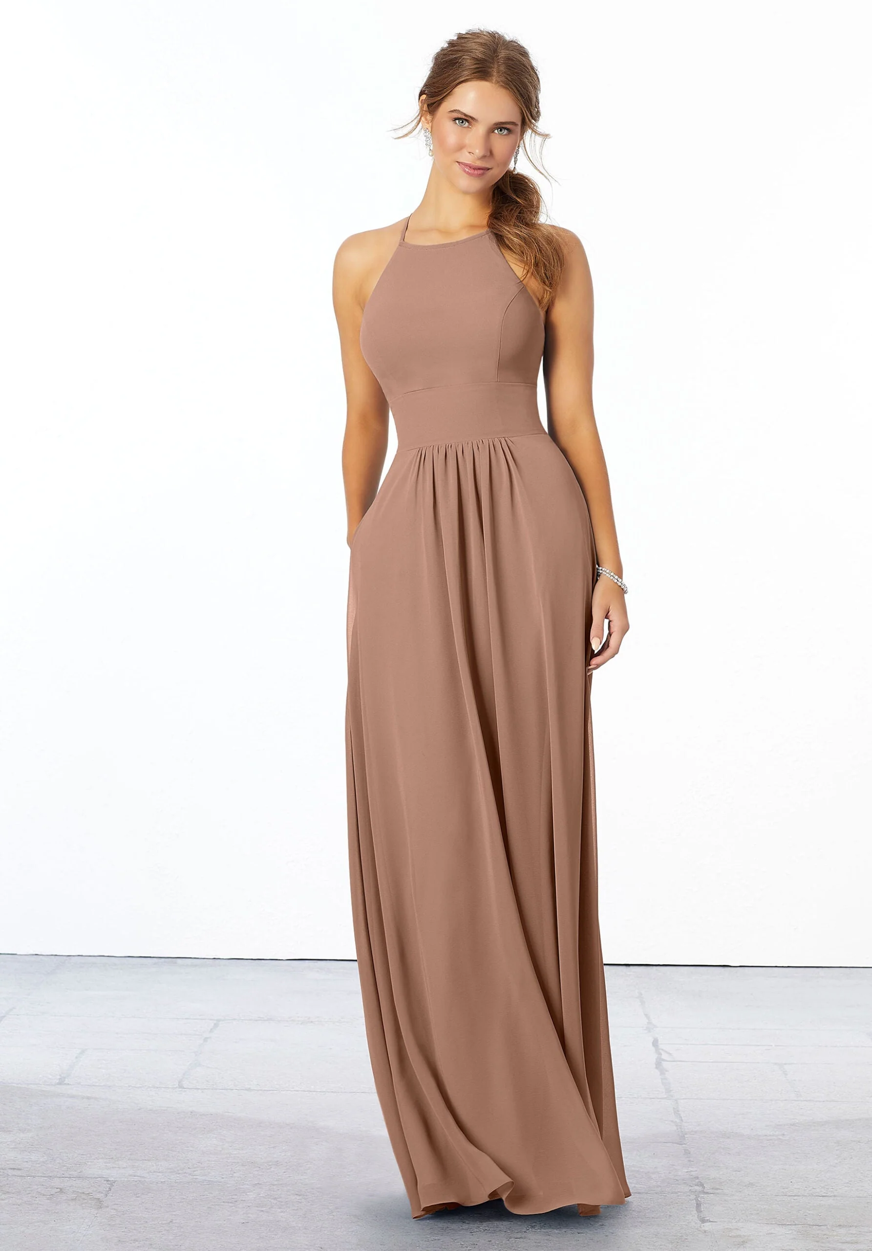 Chiffon Bridesmaid Dress with High Halter Neckline - Image 25