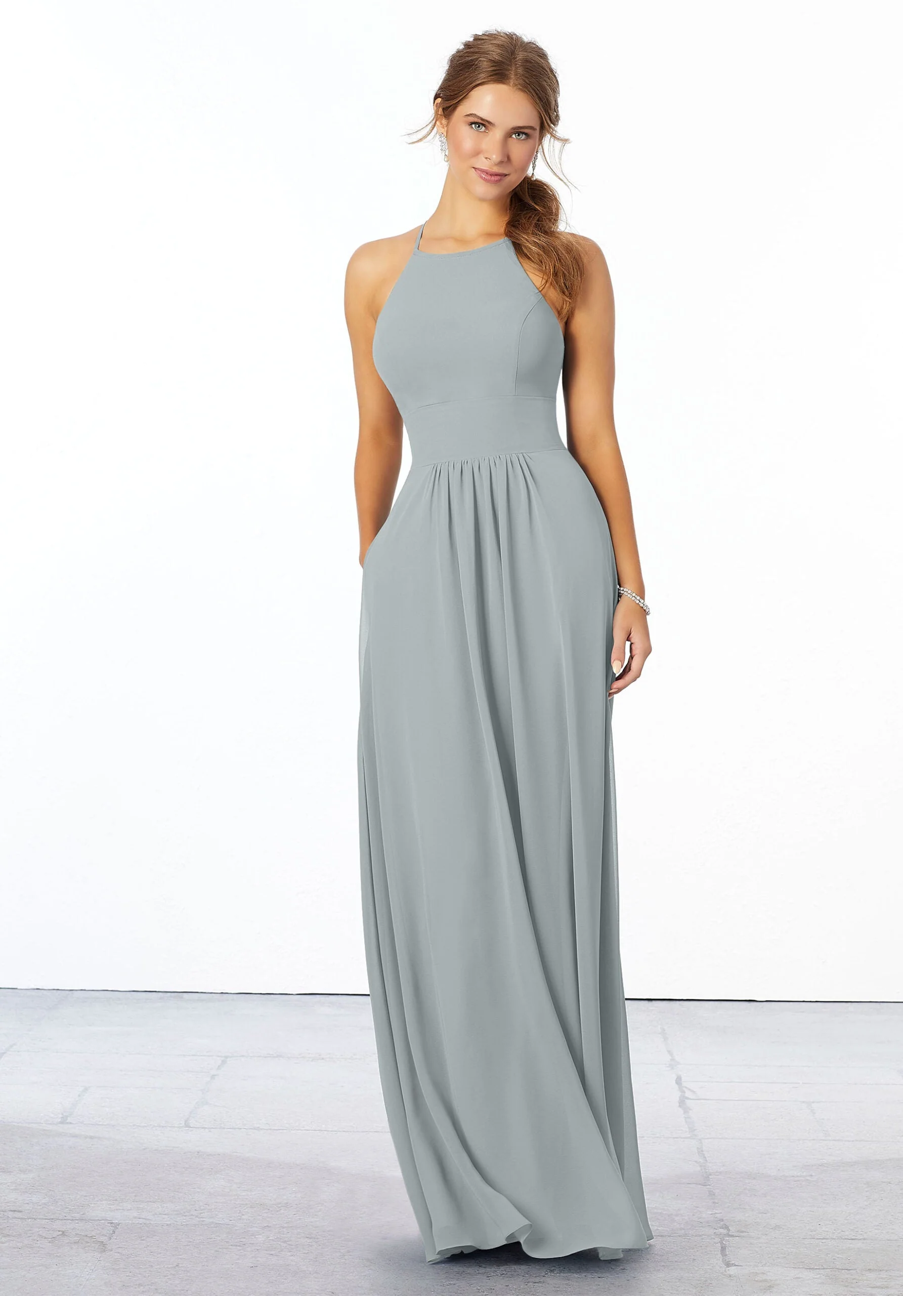 Chiffon Bridesmaid Dress with High Halter Neckline - Image 28