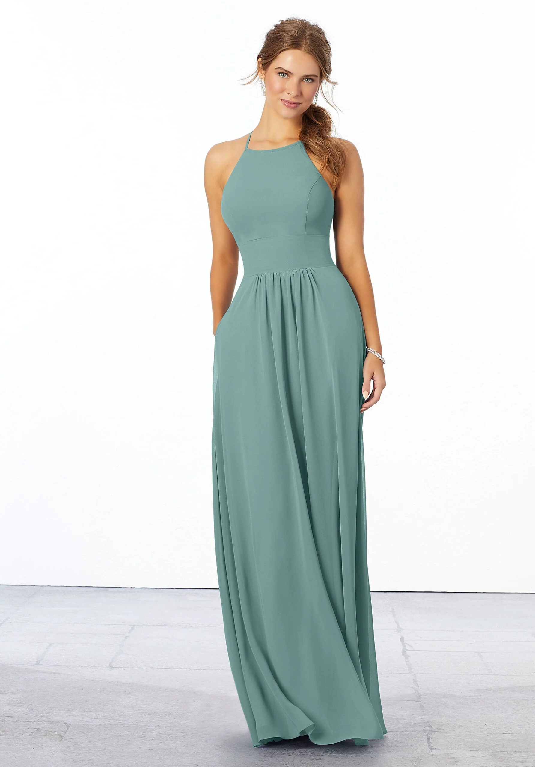 Chiffon Bridesmaid Dress with High Halter Neckline - Image 31