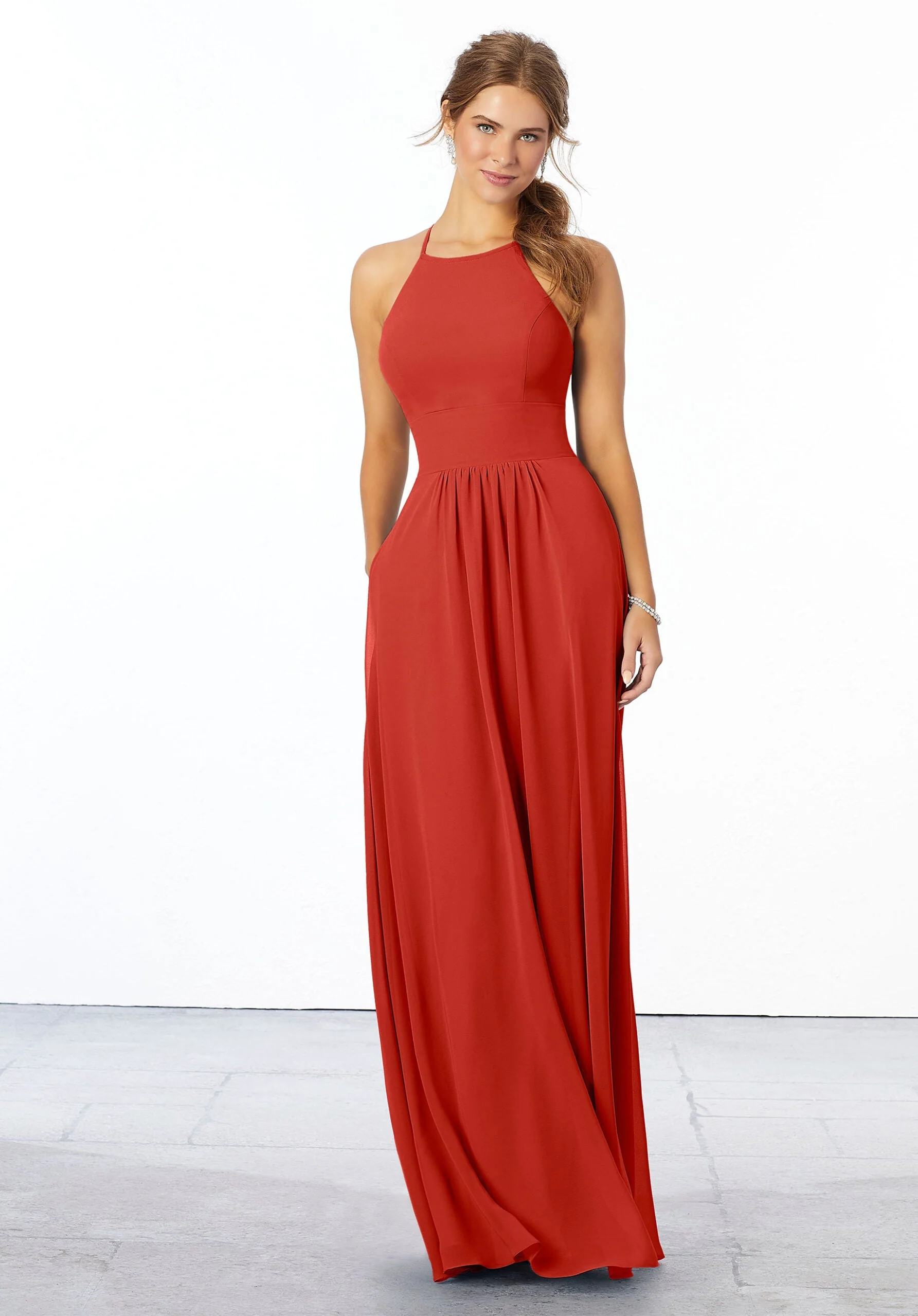 Chiffon Bridesmaid Dress with High Halter Neckline - Image 34