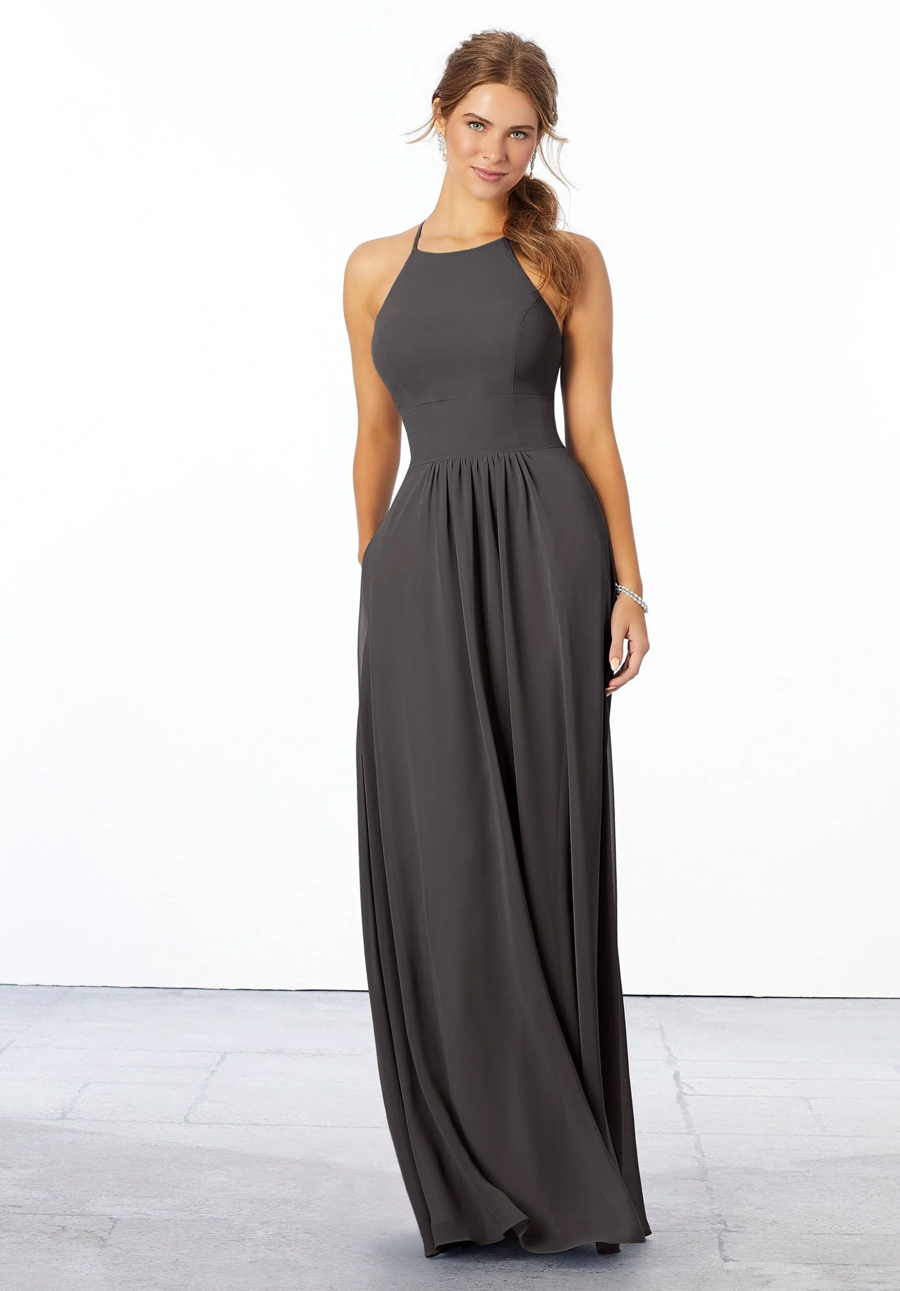 Chiffon Bridesmaid Dress with High Halter Neckline - Image 35
