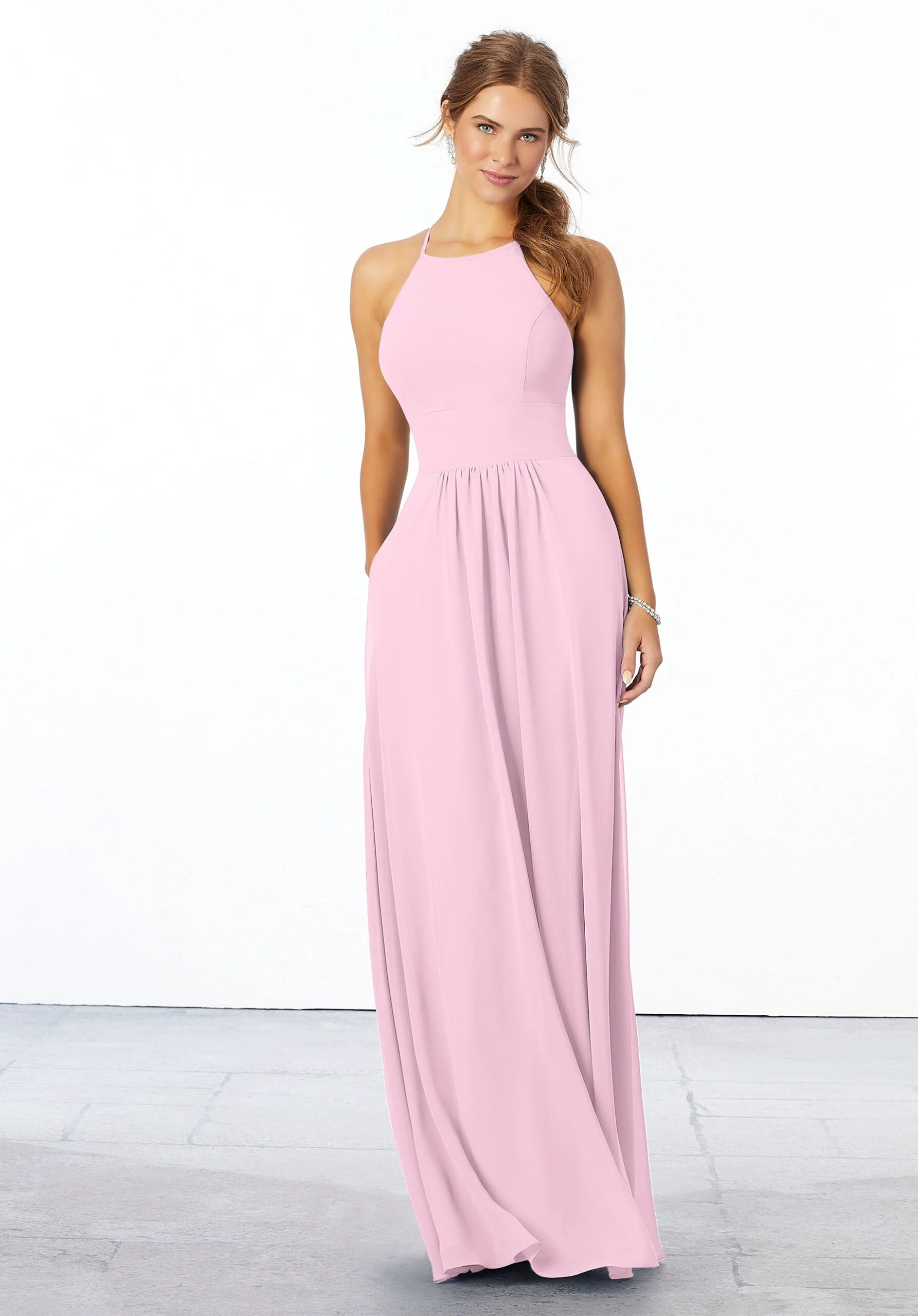 Chiffon Bridesmaid Dress with High Halter Neckline - Image 40