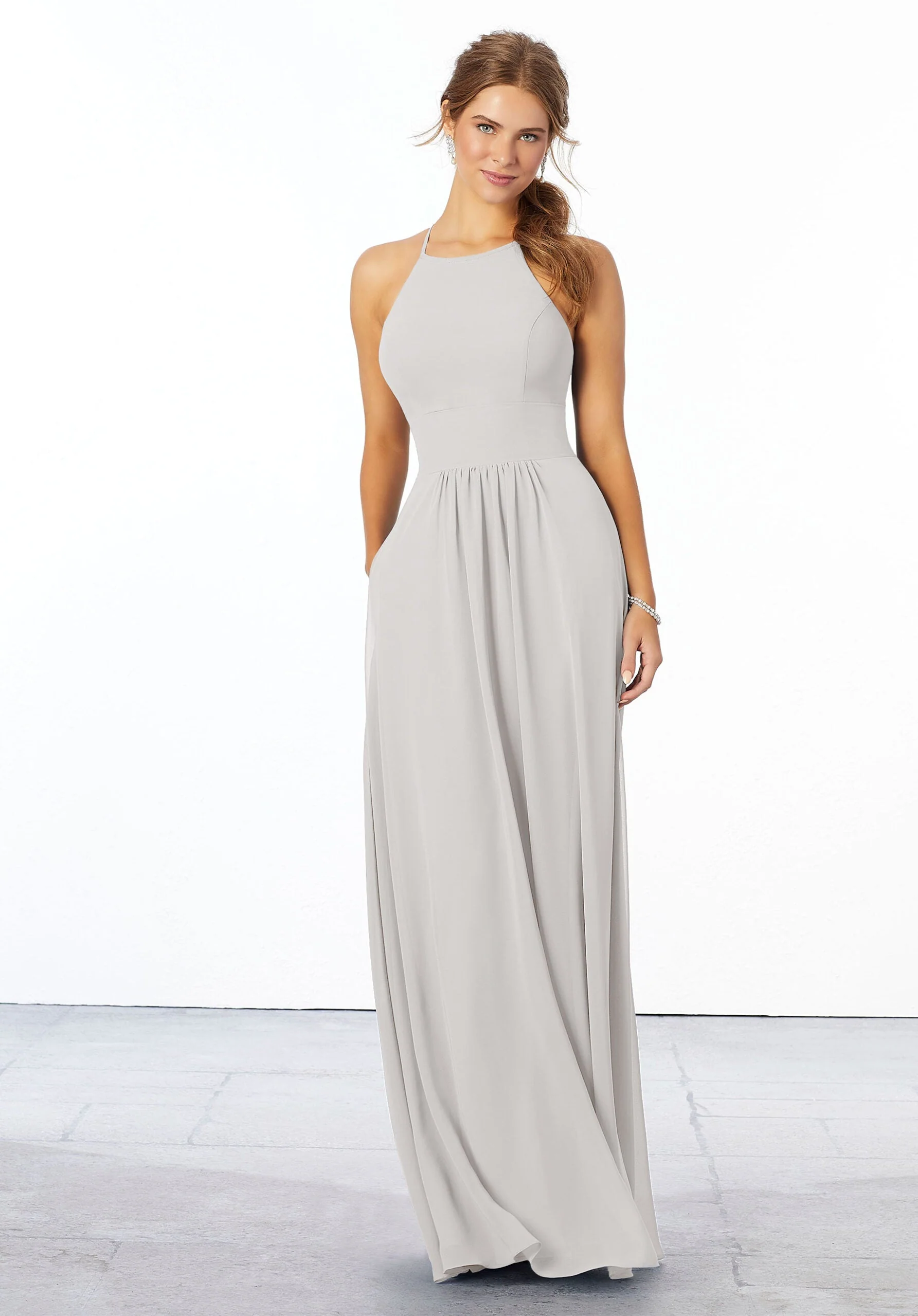 Chiffon Bridesmaid Dress with High Halter Neckline - Image 44