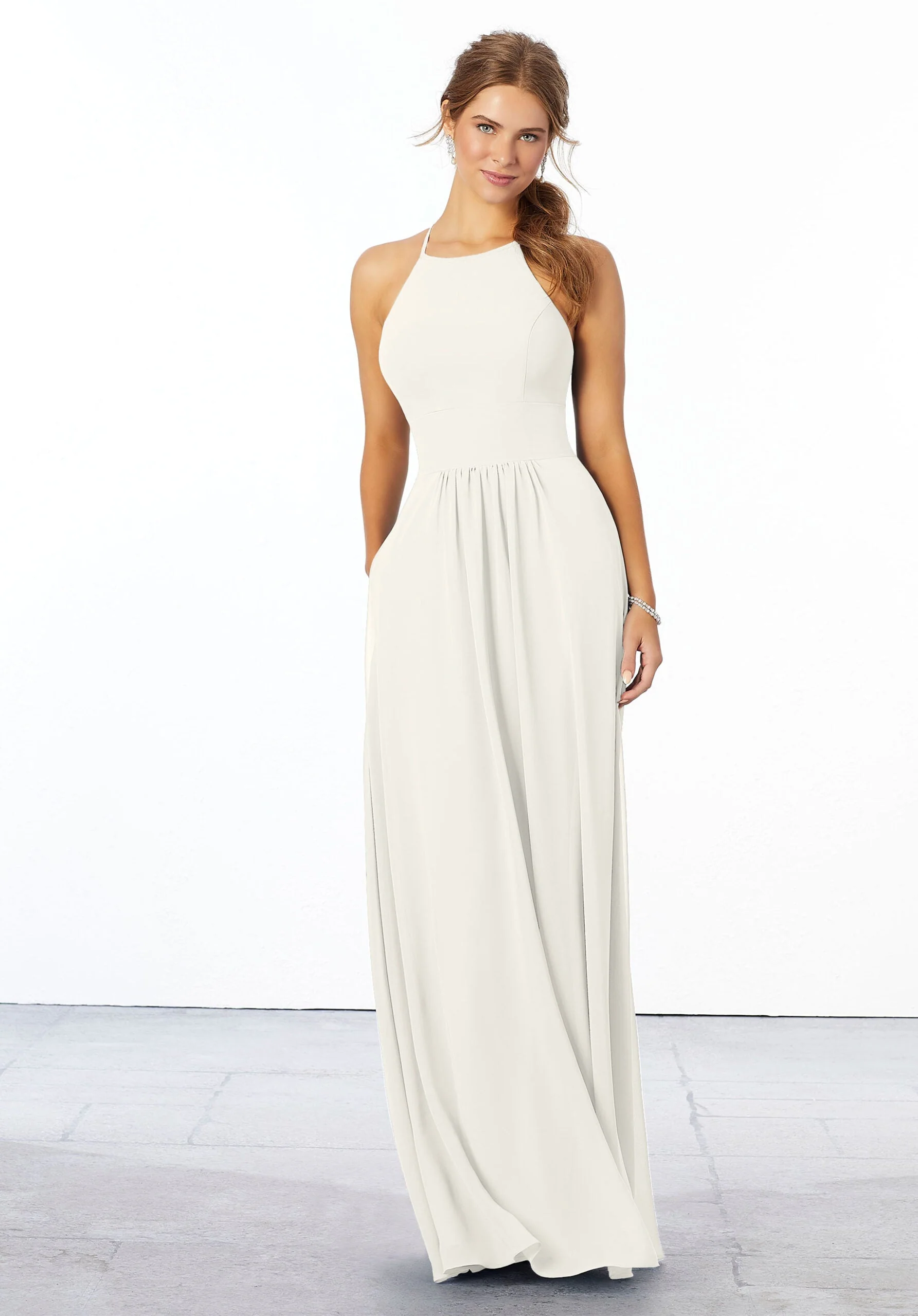 Chiffon Bridesmaid Dress with High Halter Neckline - Image 45