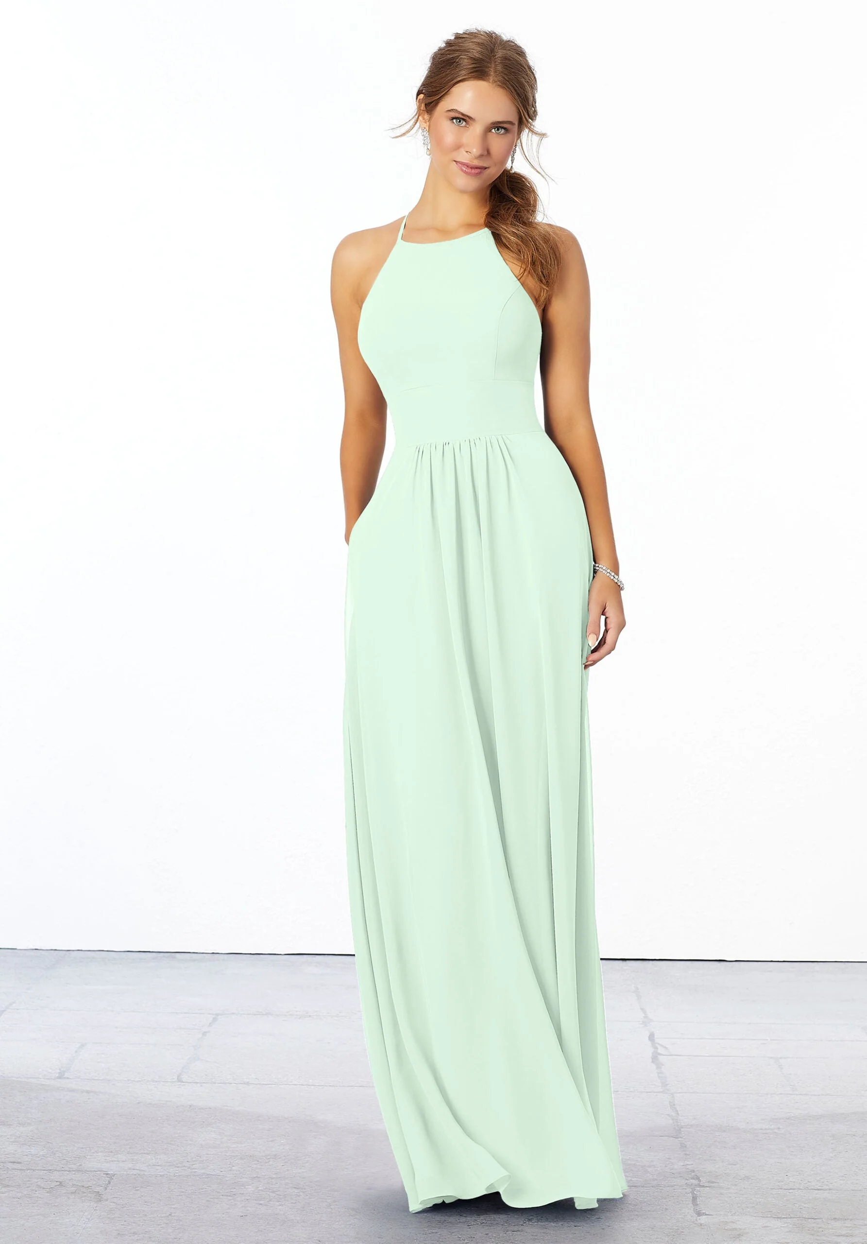 Chiffon Bridesmaid Dress with High Halter Neckline - Image 47