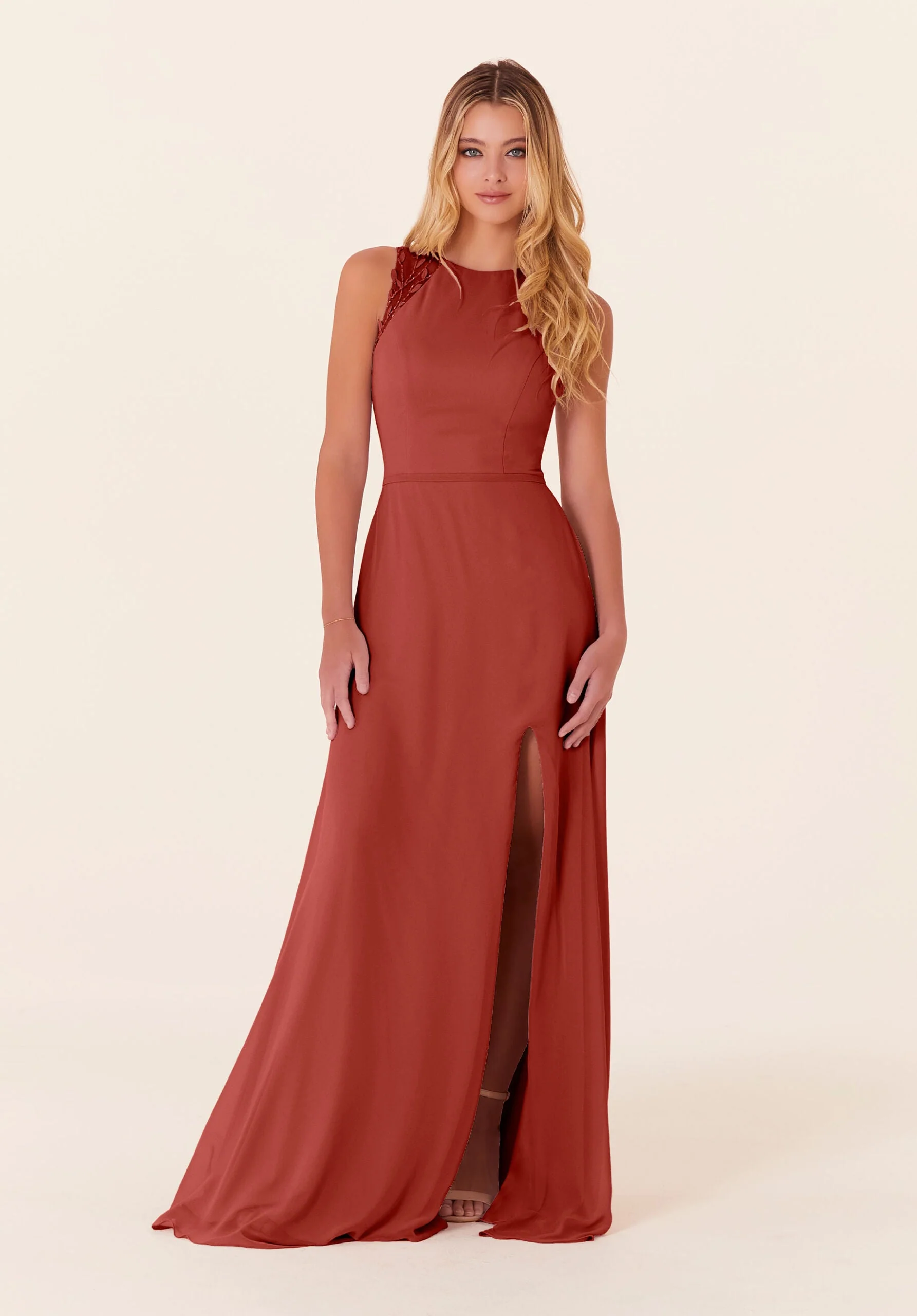 Chiffon Bridesmaid Dress with Leafy Appliqués - Image 27