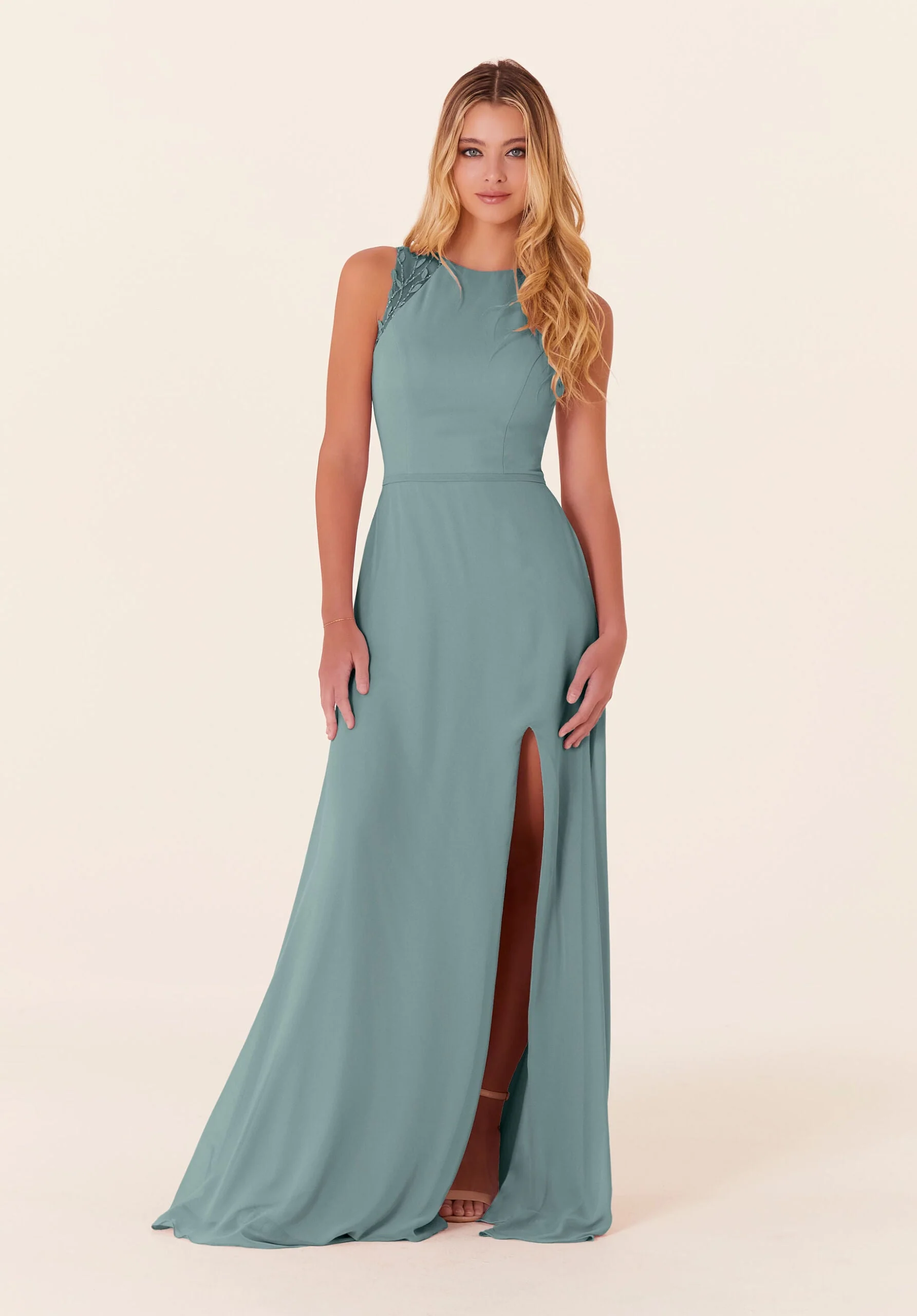 Chiffon Bridesmaid Dress with Leafy Appliqués - Image 36