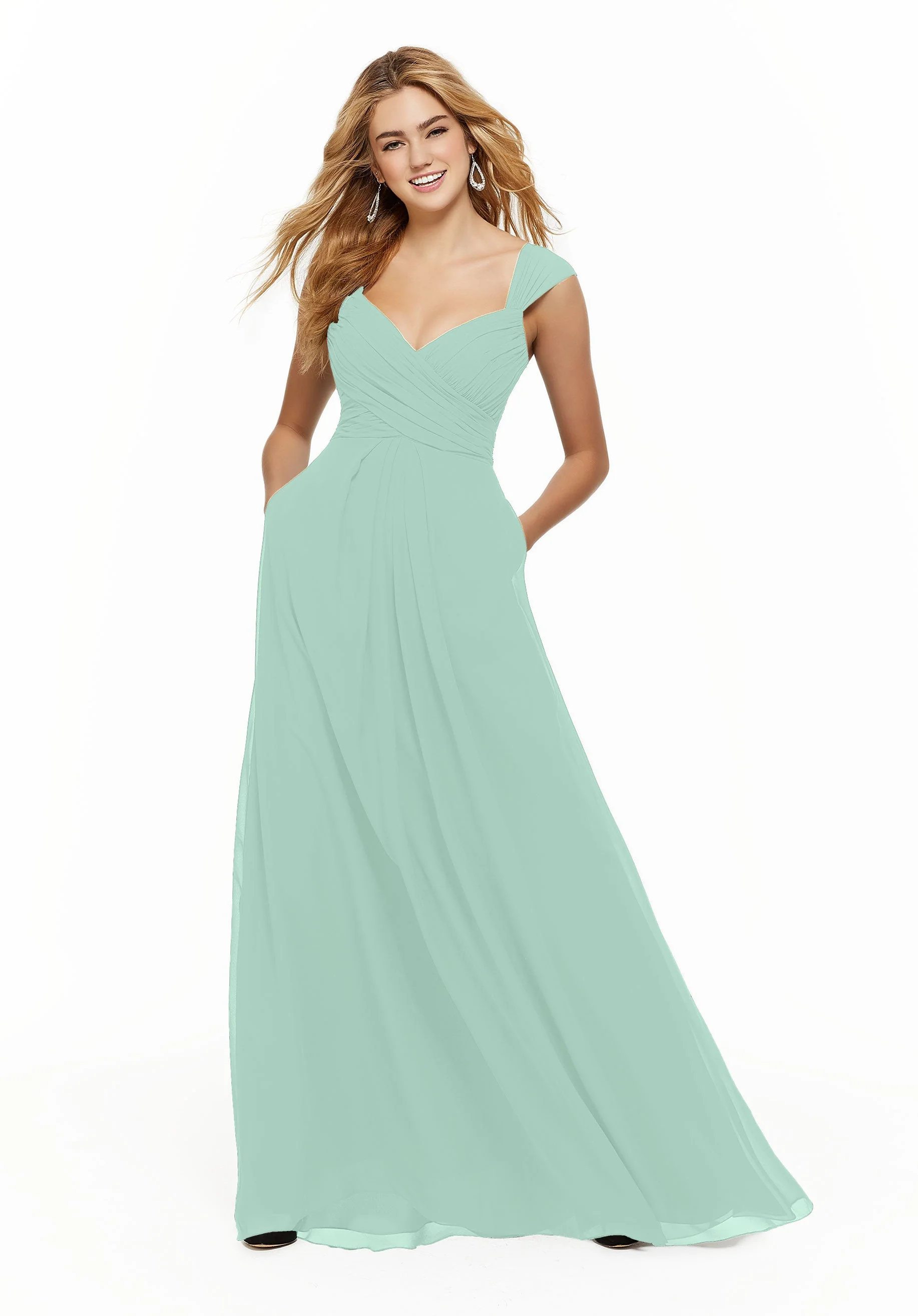 Chiffon Bridesmaid Dress with Ruched Draped Bodice and Watteau Back - Image 27