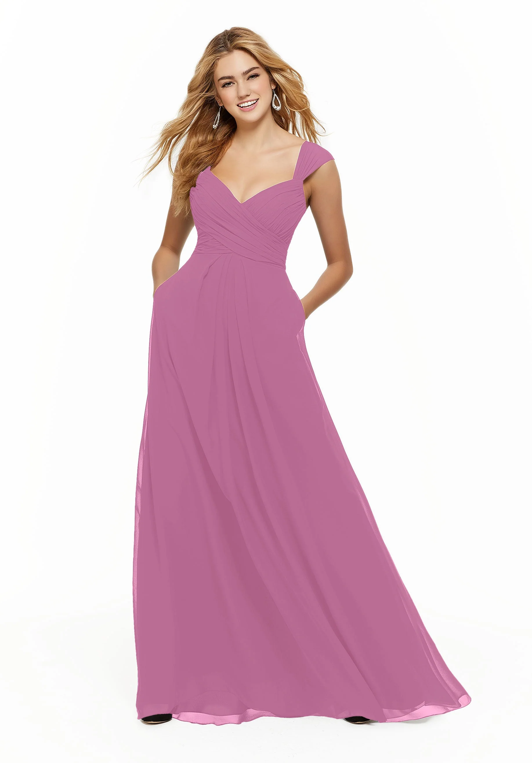 Chiffon Bridesmaid Dress with Ruched Draped Bodice and Watteau Back - Image 32