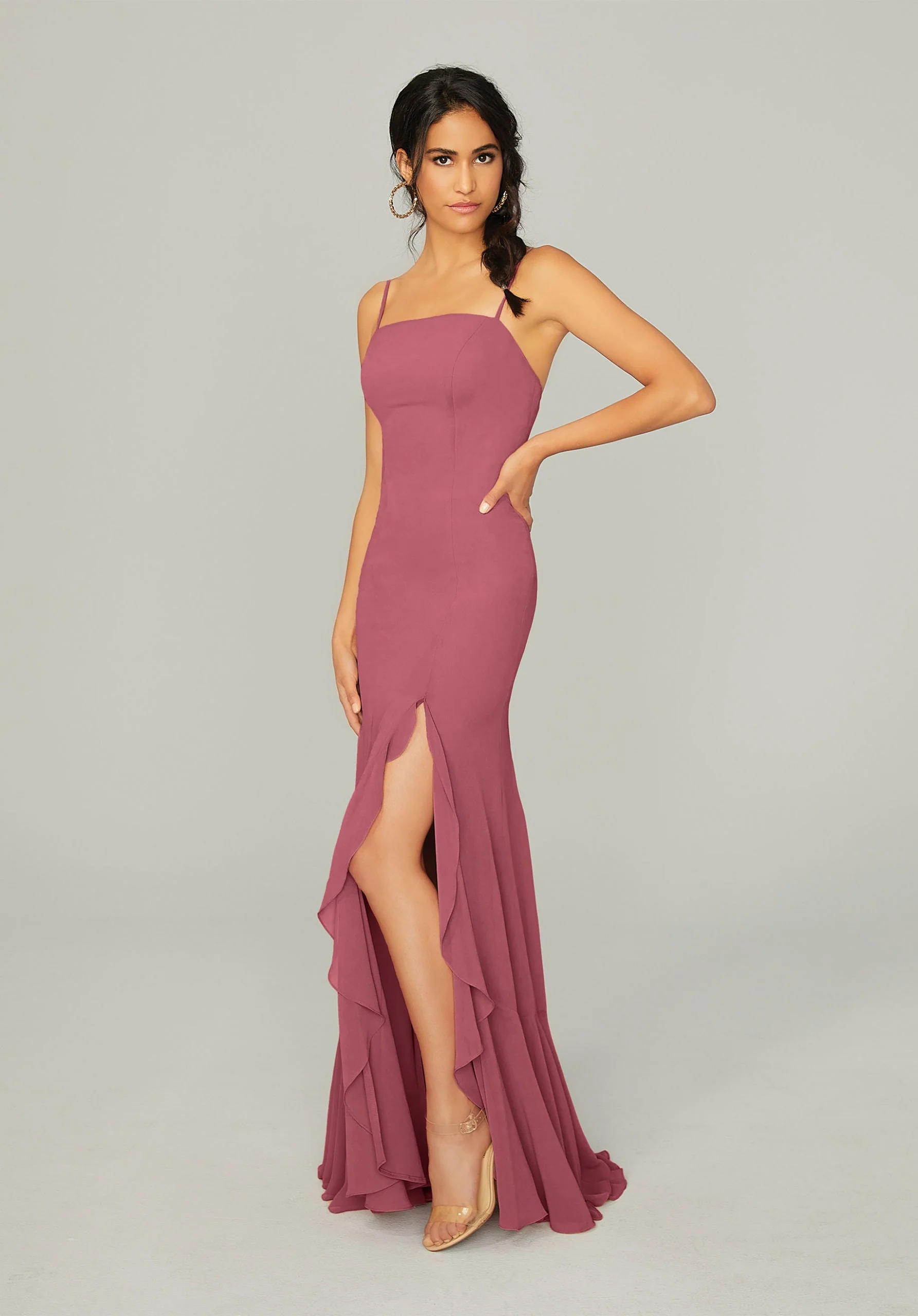 Chiffon Bridesmaid Dress with Ruffled Skirt Slit - Image 43