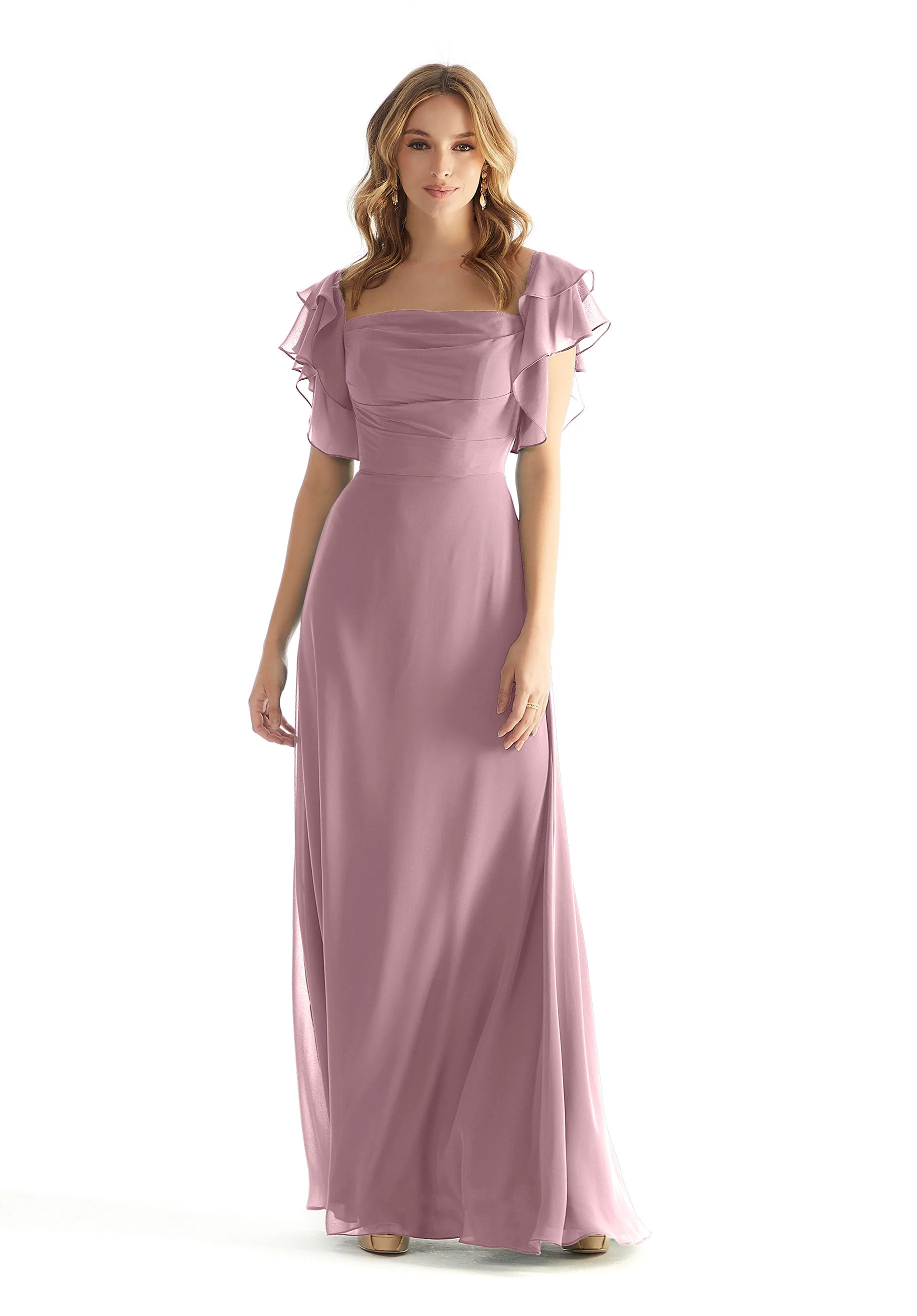Chiffon Bridesmaid Dress with Straight Neckline and Ruffle Sleeves - Image 15