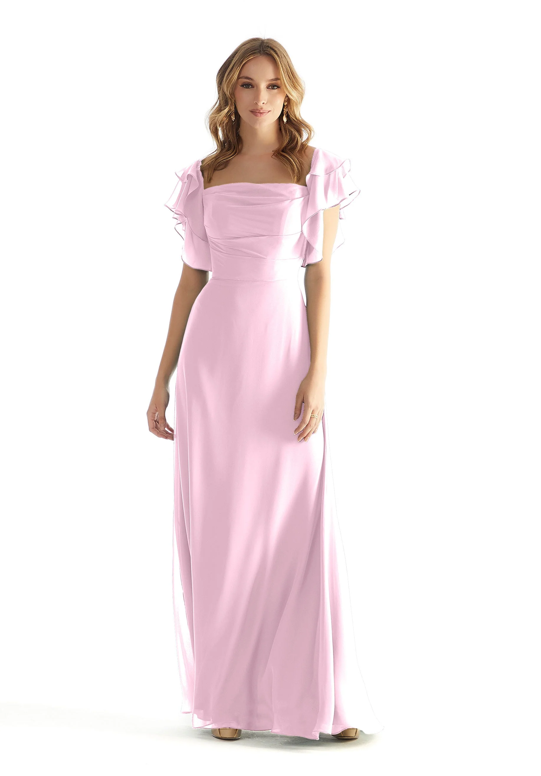 Chiffon Bridesmaid Dress with Straight Neckline and Ruffle Sleeves - Image 24