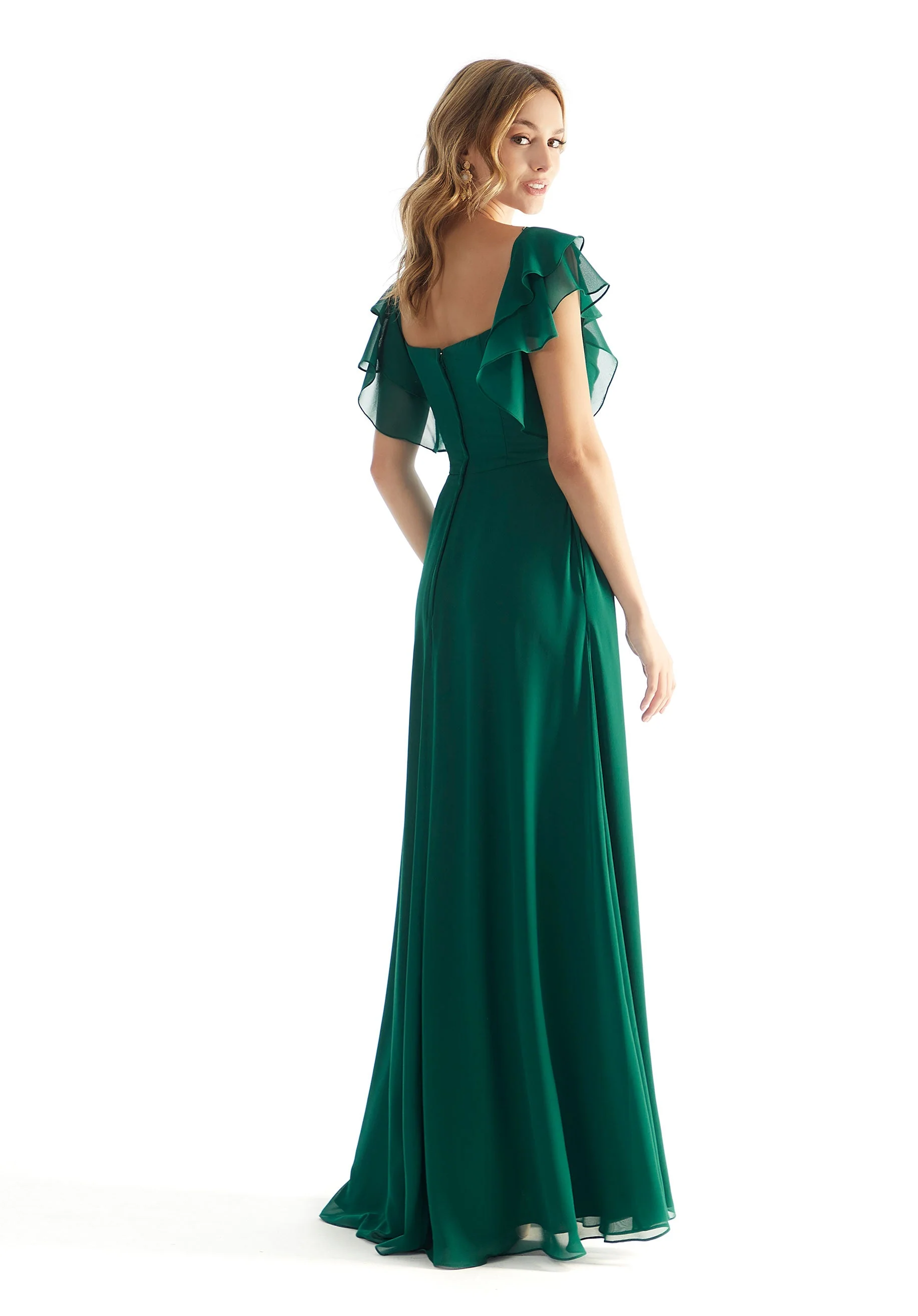 Chiffon Bridesmaid Dress with Straight Neckline and Ruffle Sleeves - Image 3