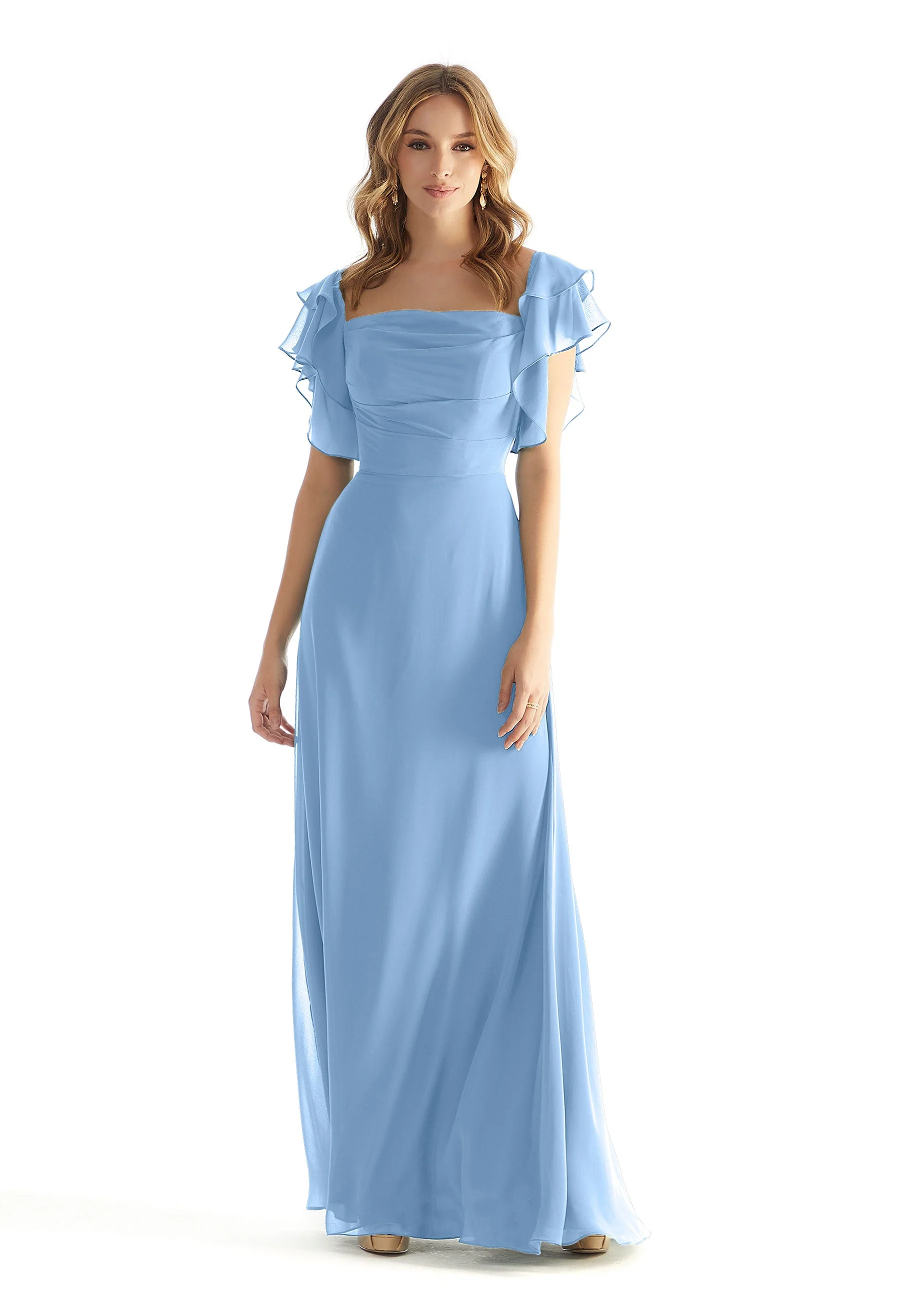 Chiffon Bridesmaid Dress with Straight Neckline and Ruffle Sleeves - Image 32