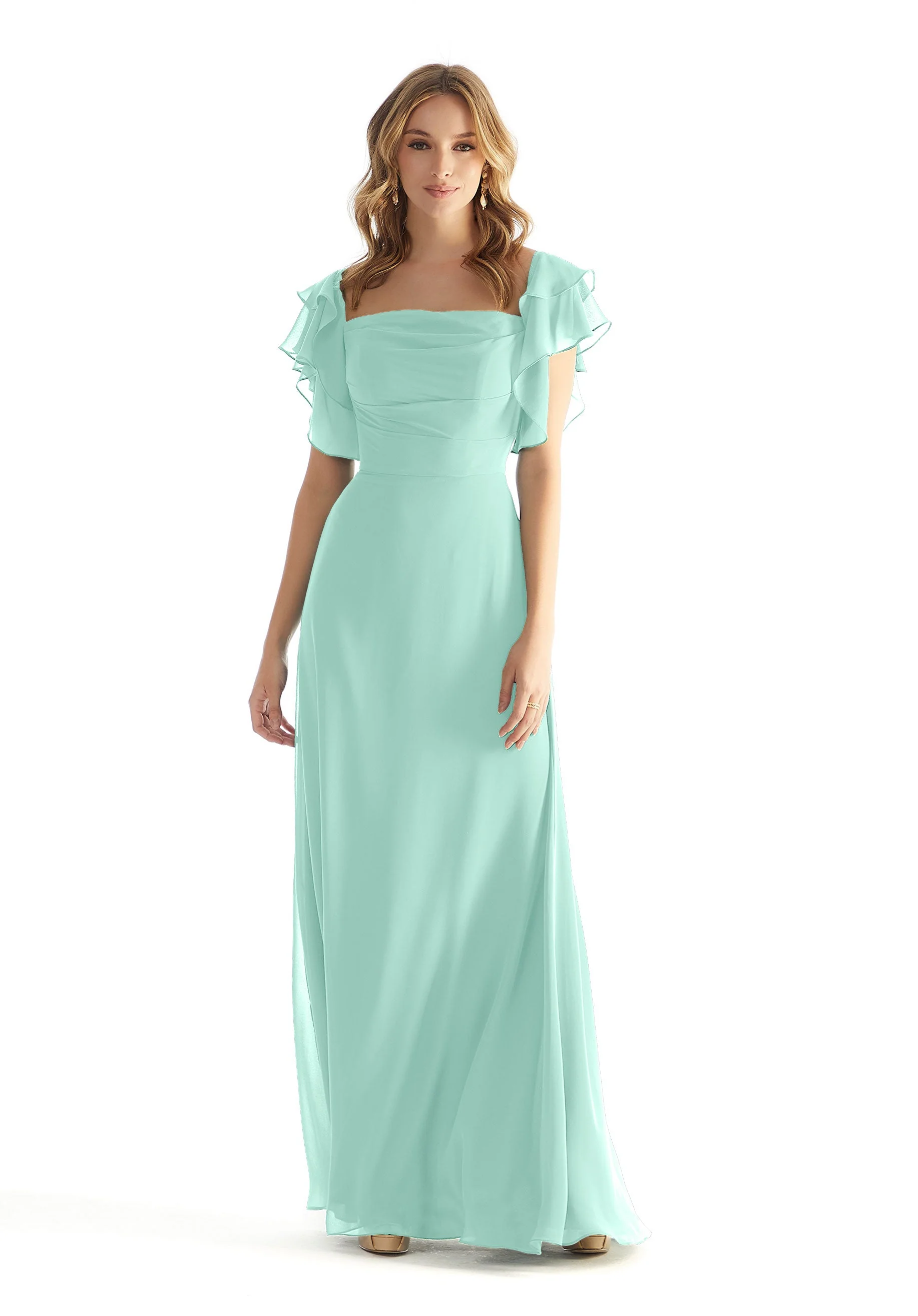 Chiffon Bridesmaid Dress with Straight Neckline and Ruffle Sleeves - Image 36