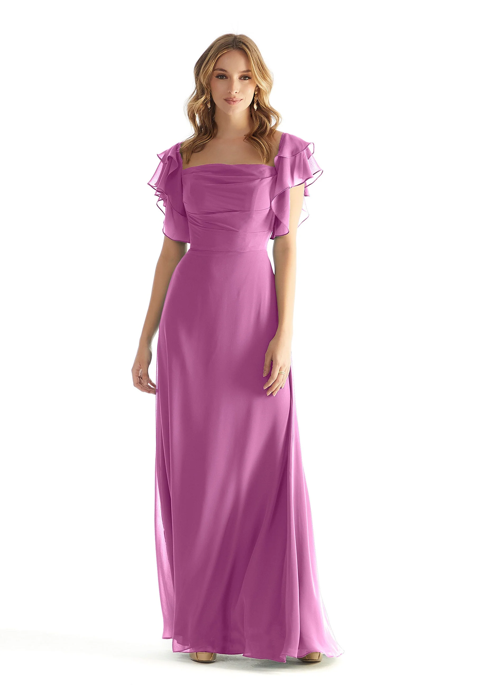 Chiffon Bridesmaid Dress with Straight Neckline and Ruffle Sleeves - Image 38