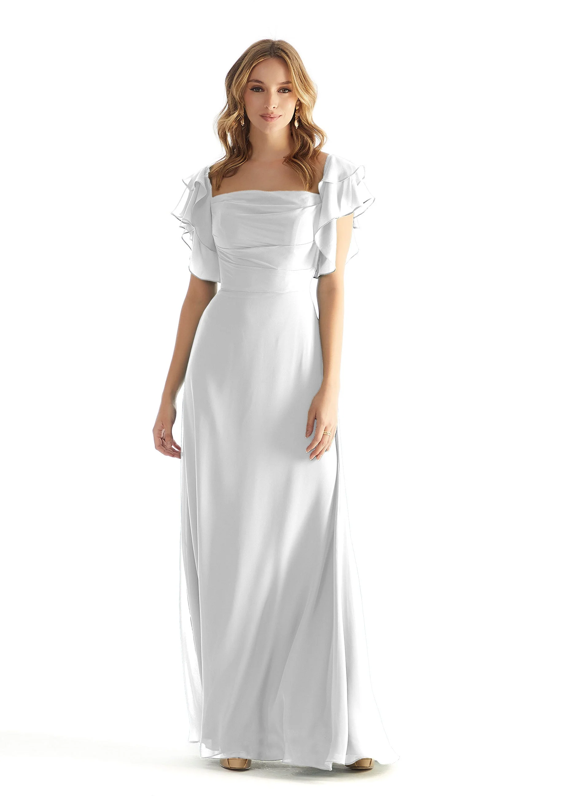 Chiffon Bridesmaid Dress with Straight Neckline and Ruffle Sleeves - Image 4